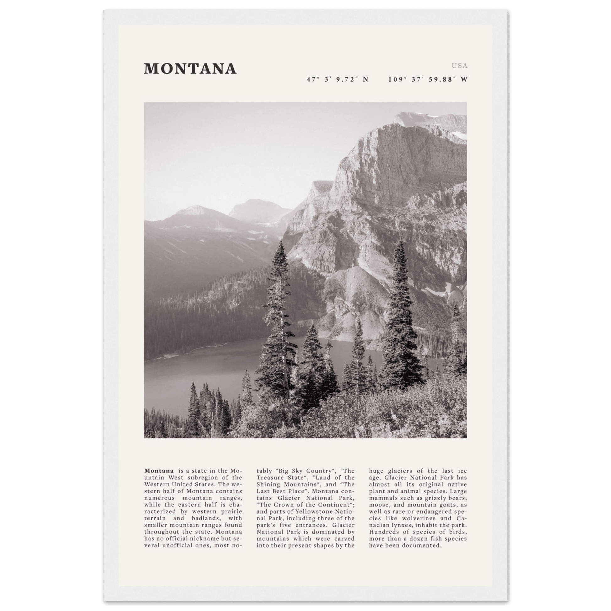 Montana Poster | Black & White Glacier National Park Wall Art | Nature Travel Print - Evergreen Posters
