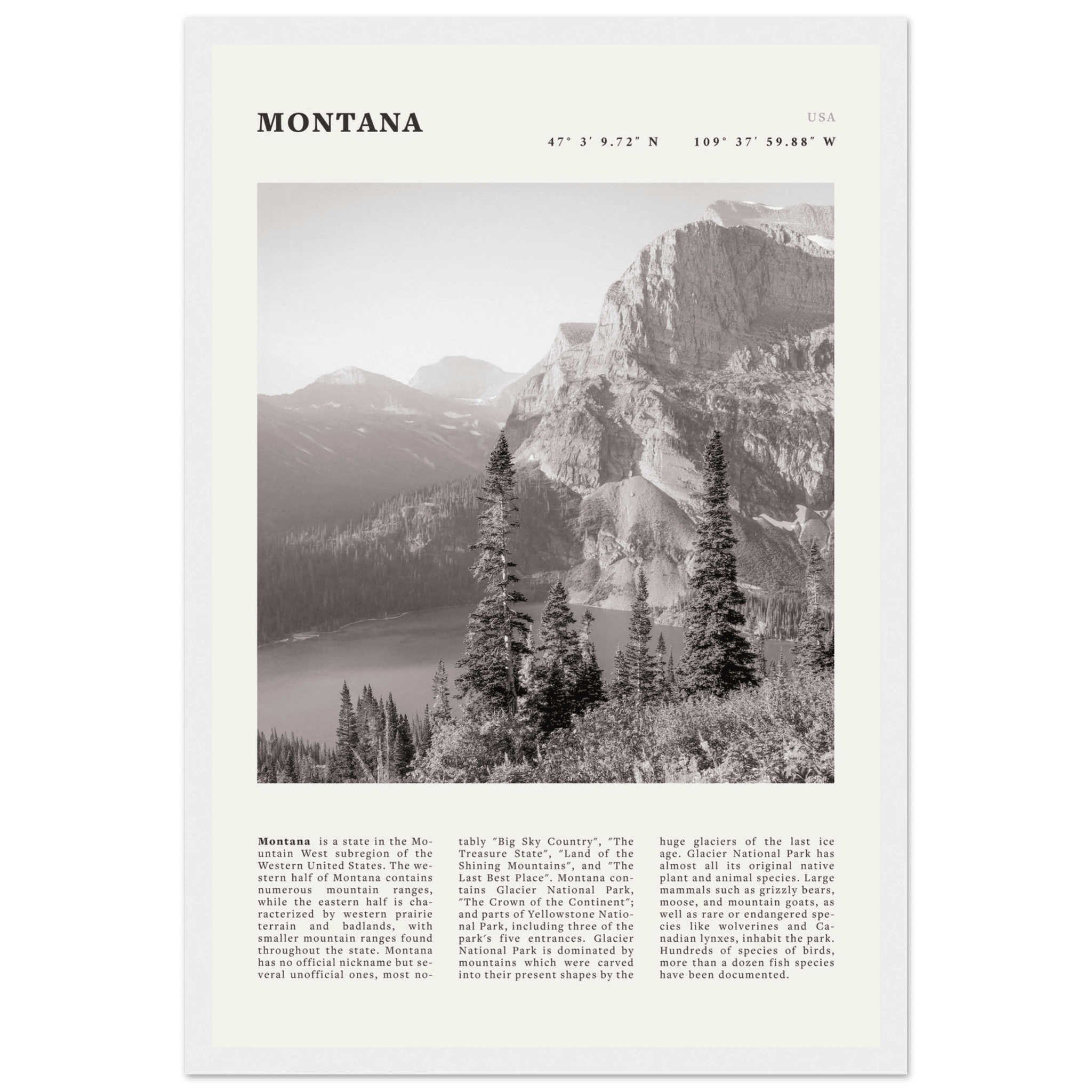Montana Poster | Black & White Glacier National Park Wall Art | Nature Travel Print - Evergreen Posters