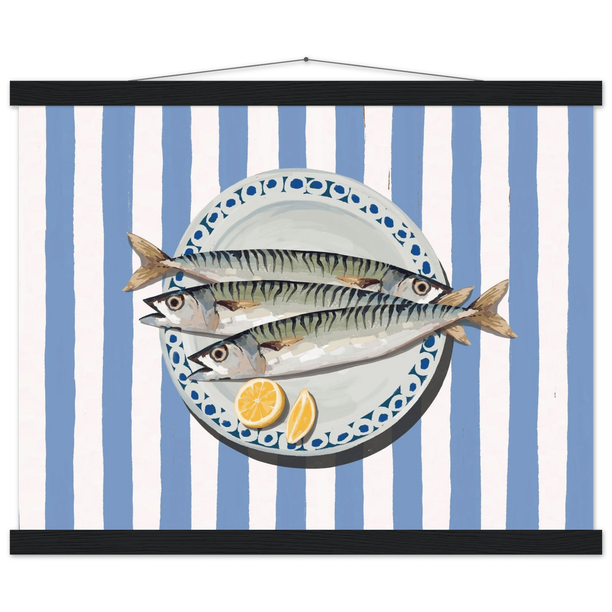 Sardines Print | Blue Stripe Fish Kitchen Wall Art | Coastal Food Poster - Evergreen Posters