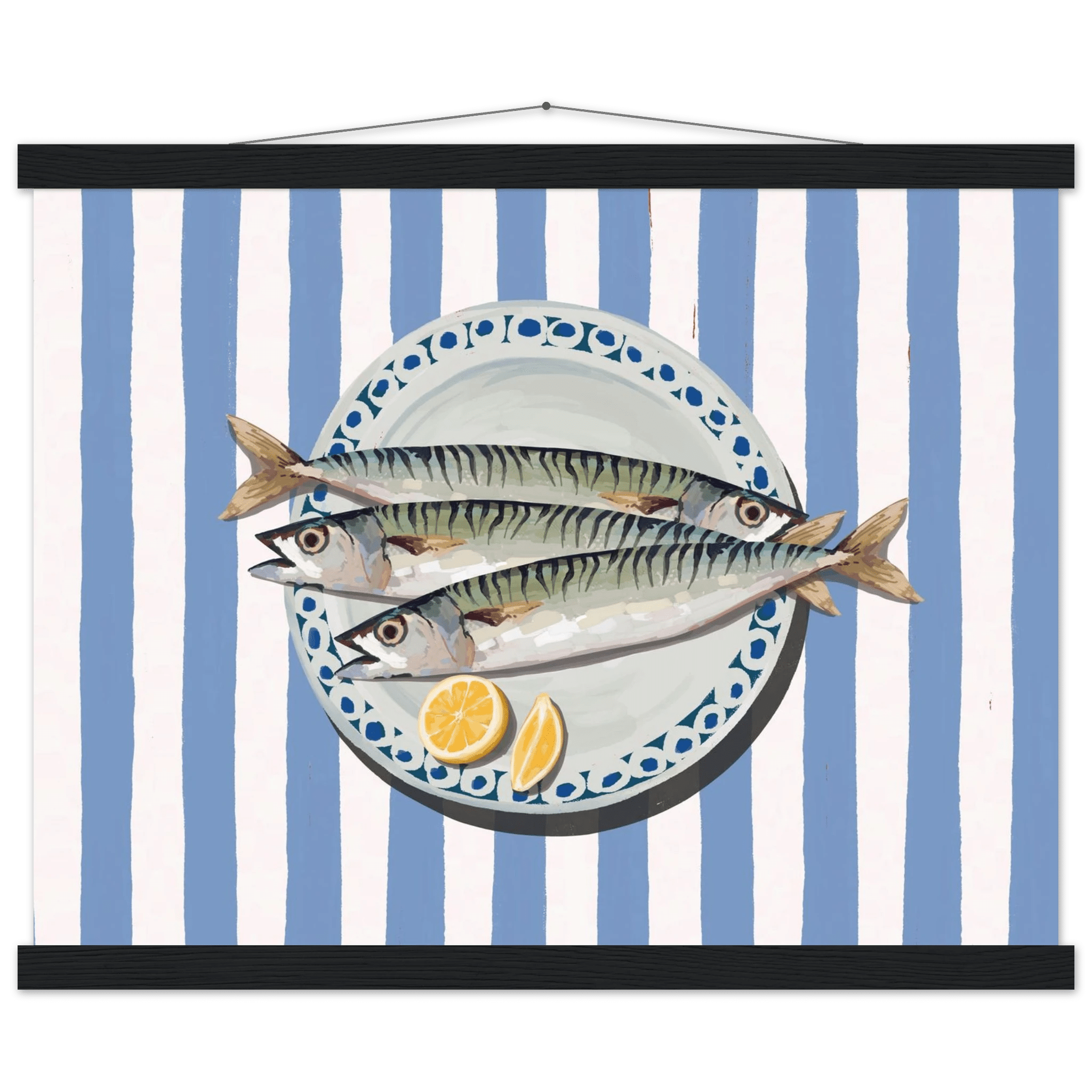 Sardines Print | Blue Stripe Fish Kitchen Wall Art | Coastal Food Poster - Evergreen Posters