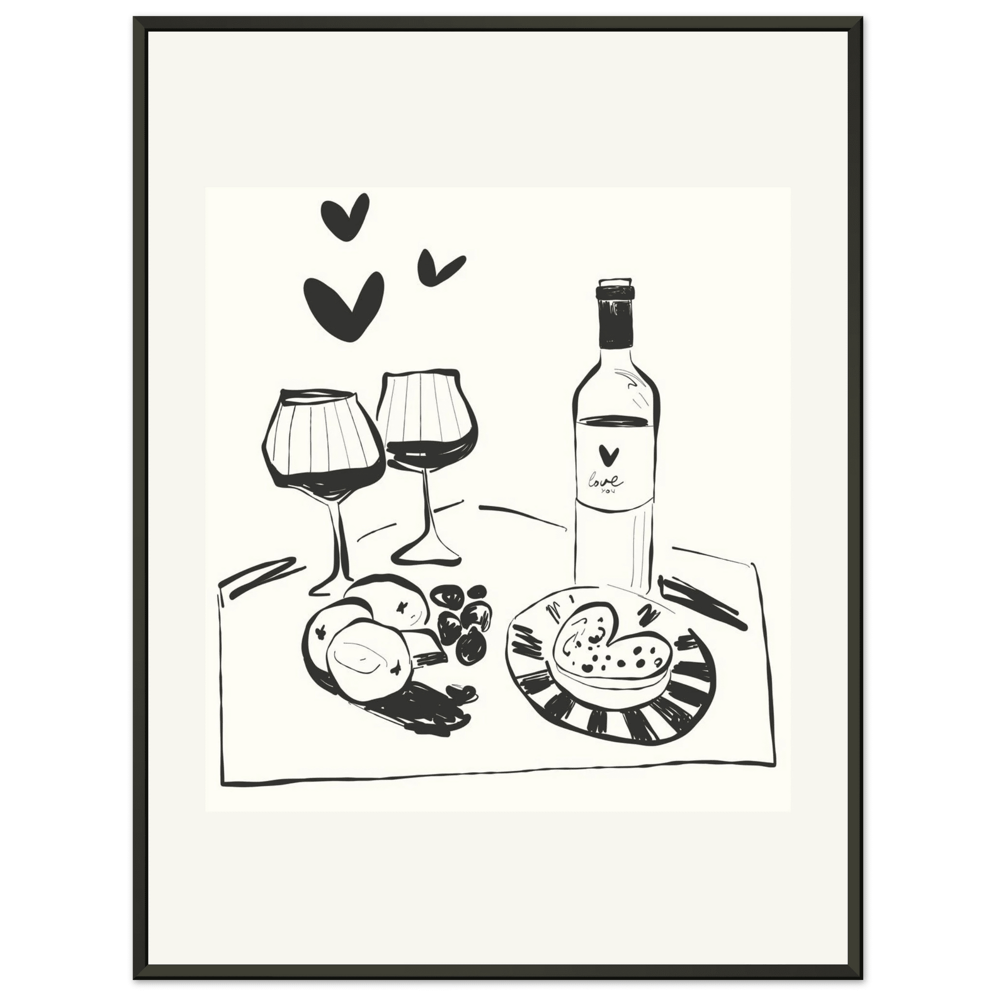 Wine for Two Print | Black Line Art Romantic Kitchen Wall Art | Couples Poster - Evergreen Posters
