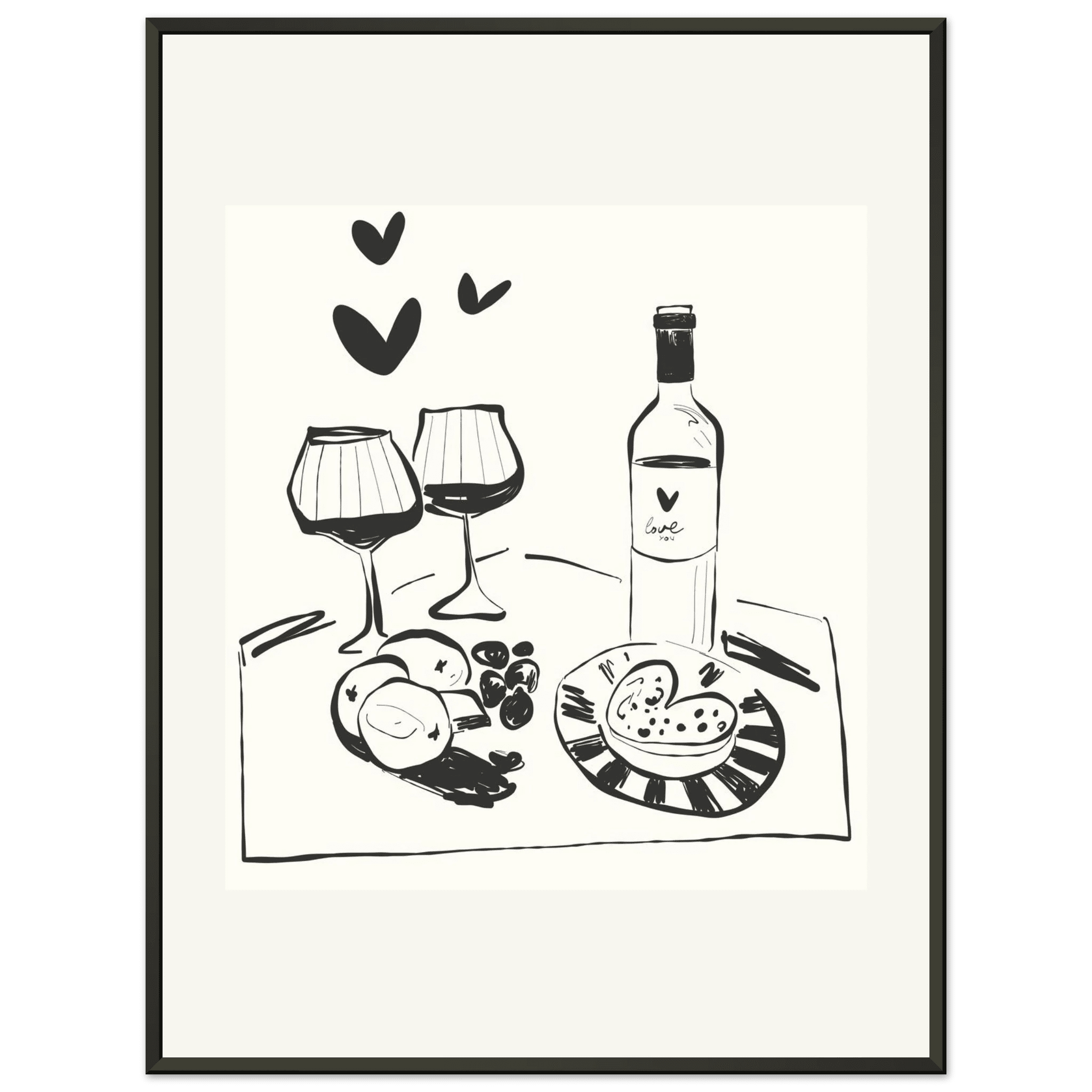Wine for Two Print | Black Line Art Romantic Kitchen Wall Art | Couples Poster - Evergreen Posters