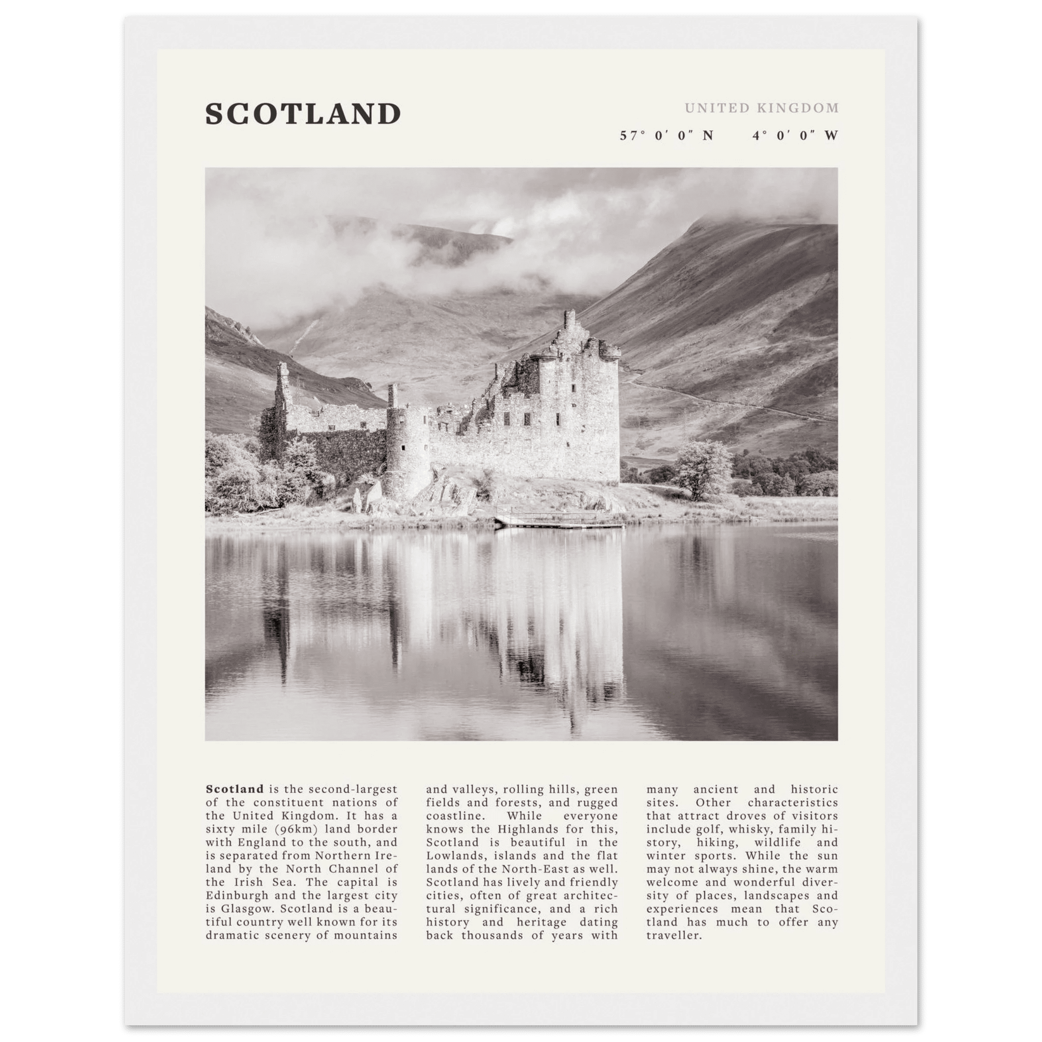 Scotland Poster | Black & White Highland Castle Wall Art | UK Travel Print Decor - Evergreen Posters