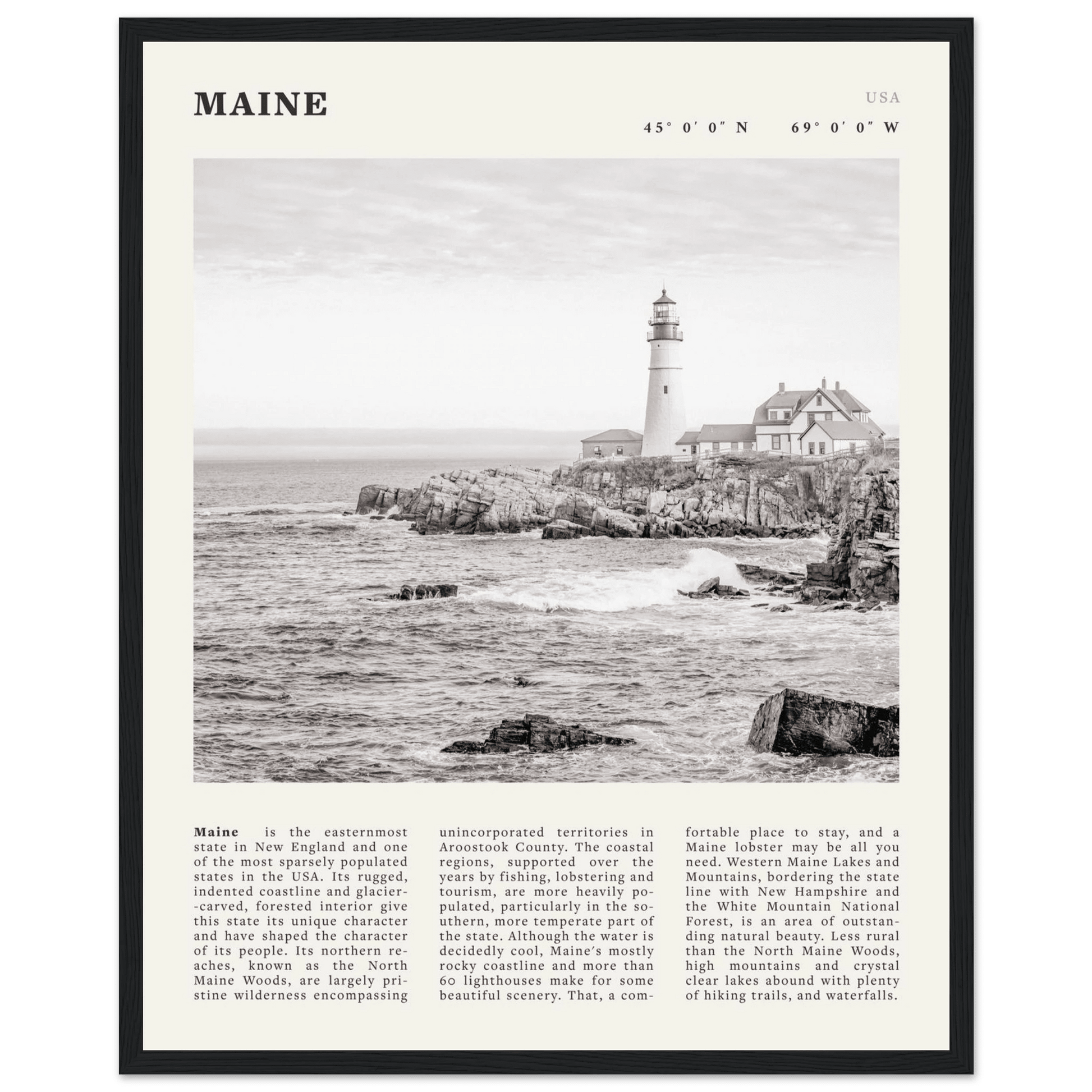 Maine Poster | Black & White Lighthouse Wall Art | New England Coastal Travel Print - Evergreen Posters