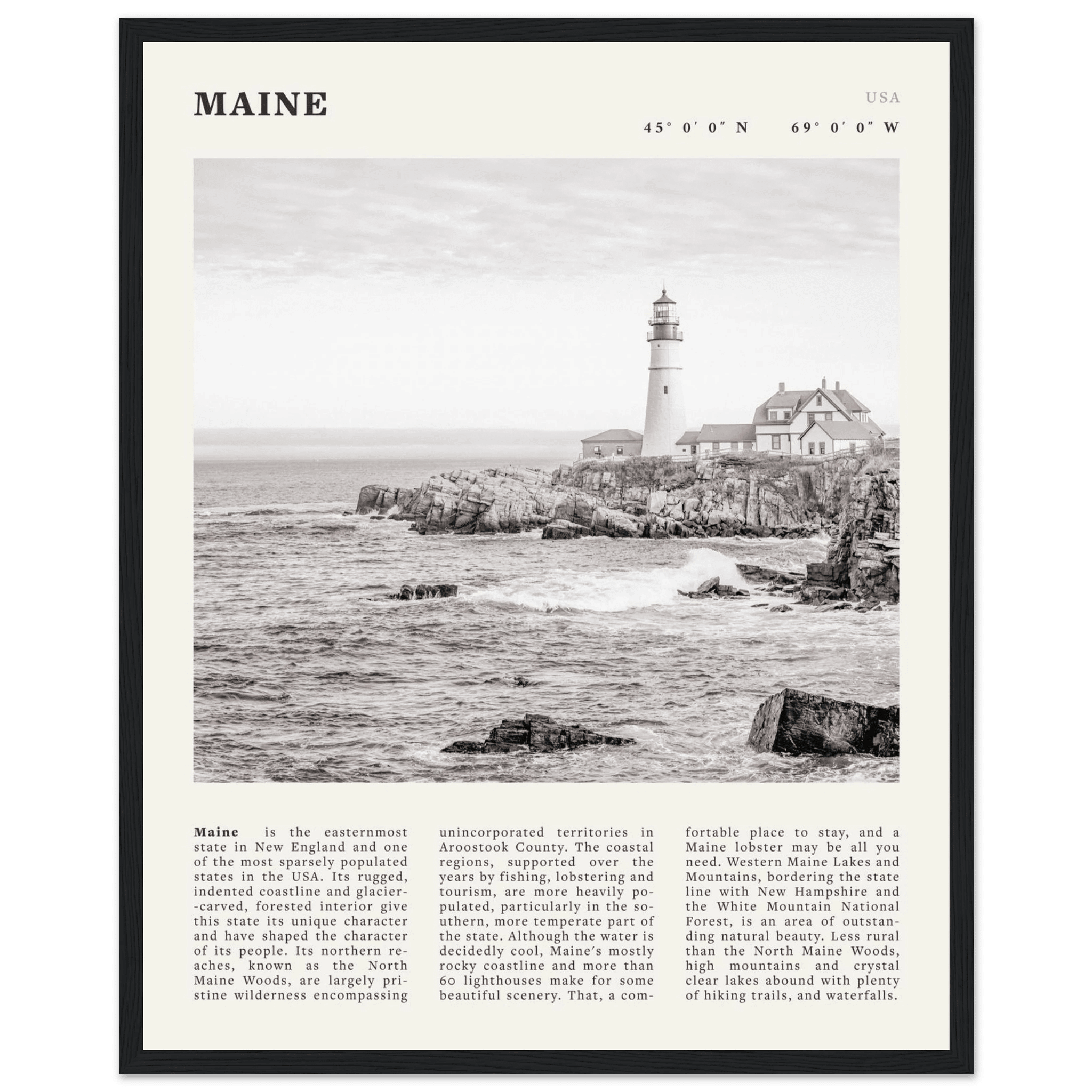 Maine Poster | Black & White Lighthouse Wall Art | New England Coastal Travel Print - Evergreen Posters