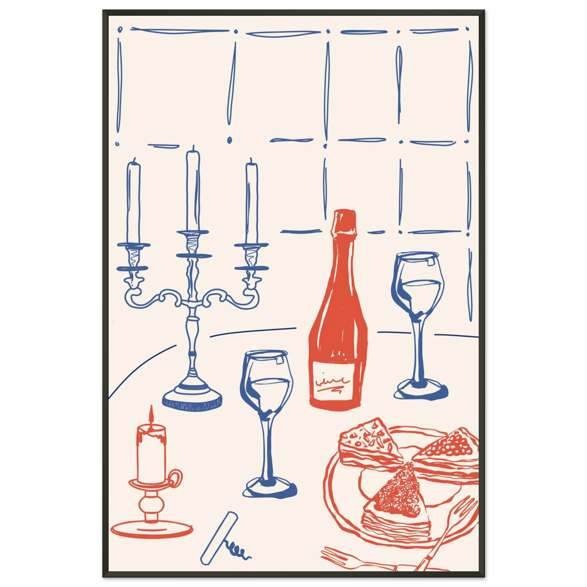 Candlelight Dinner Print | Wine & Candelabra Line Art Wall Art | Kitchen Poster - Evergreen Posters