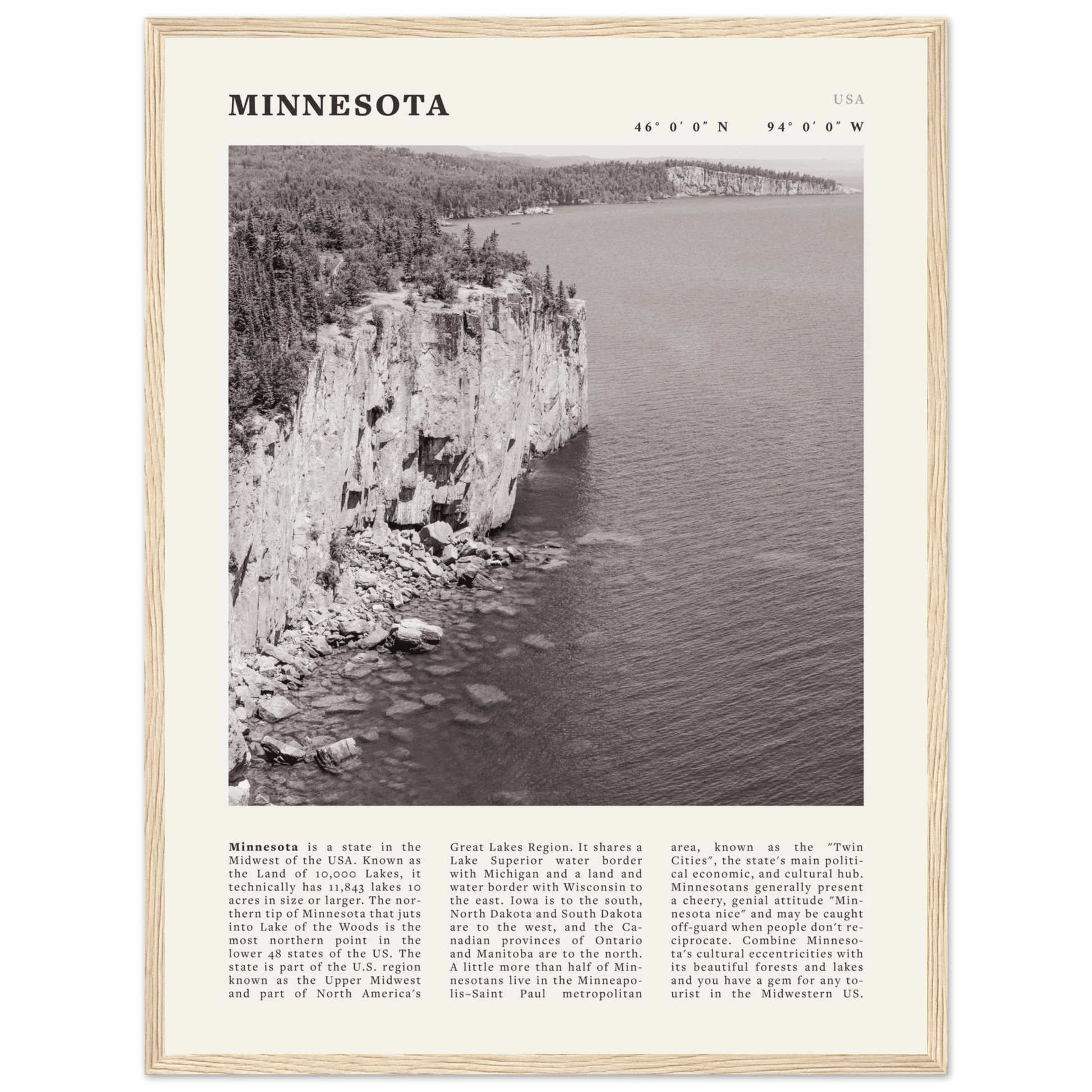 Minnesota Poster | Black & White Lake Superior Wall Art | USA Nature Travel Print - Evergreen Posters