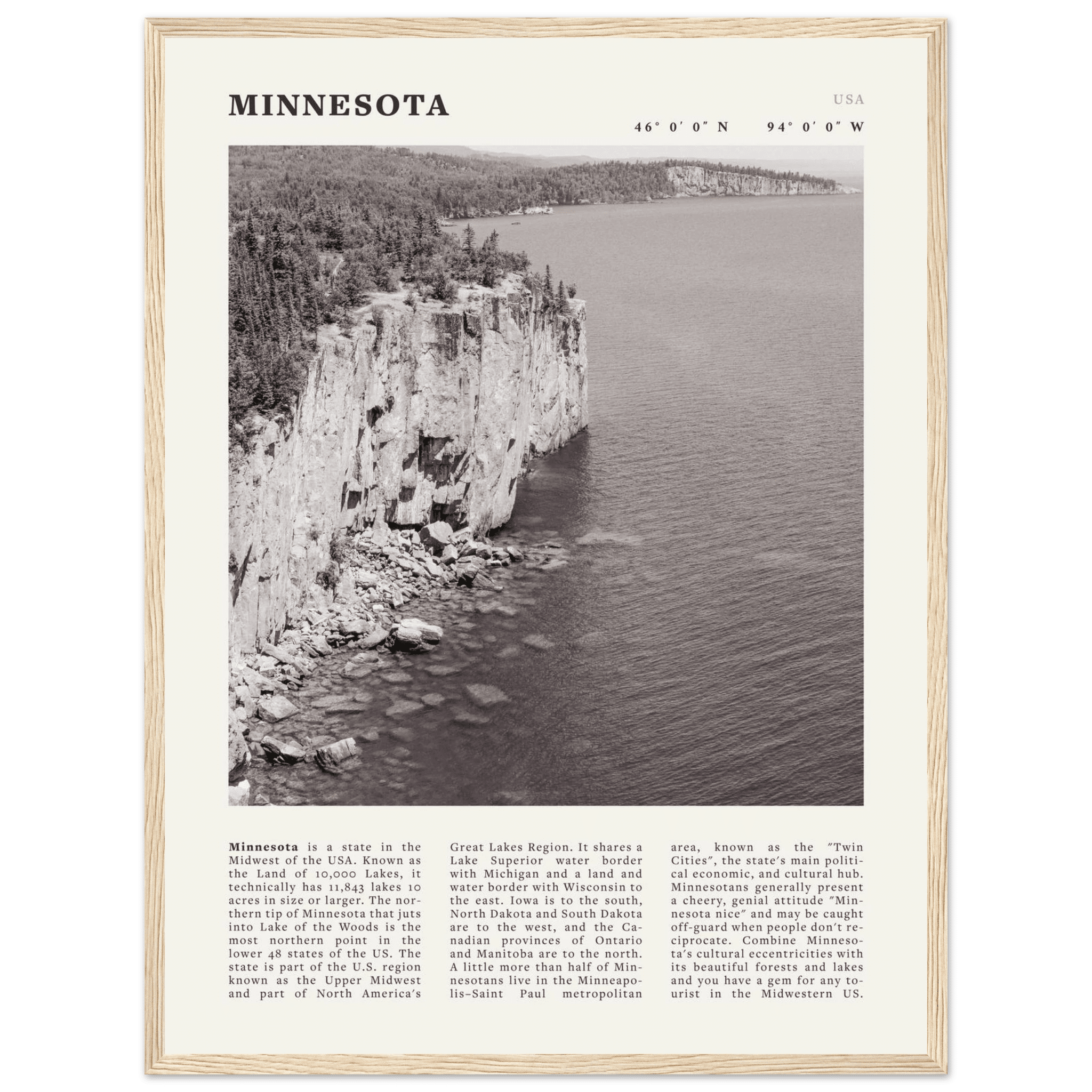 Minnesota Poster | Black & White Lake Superior Wall Art | USA Nature Travel Print - Evergreen Posters