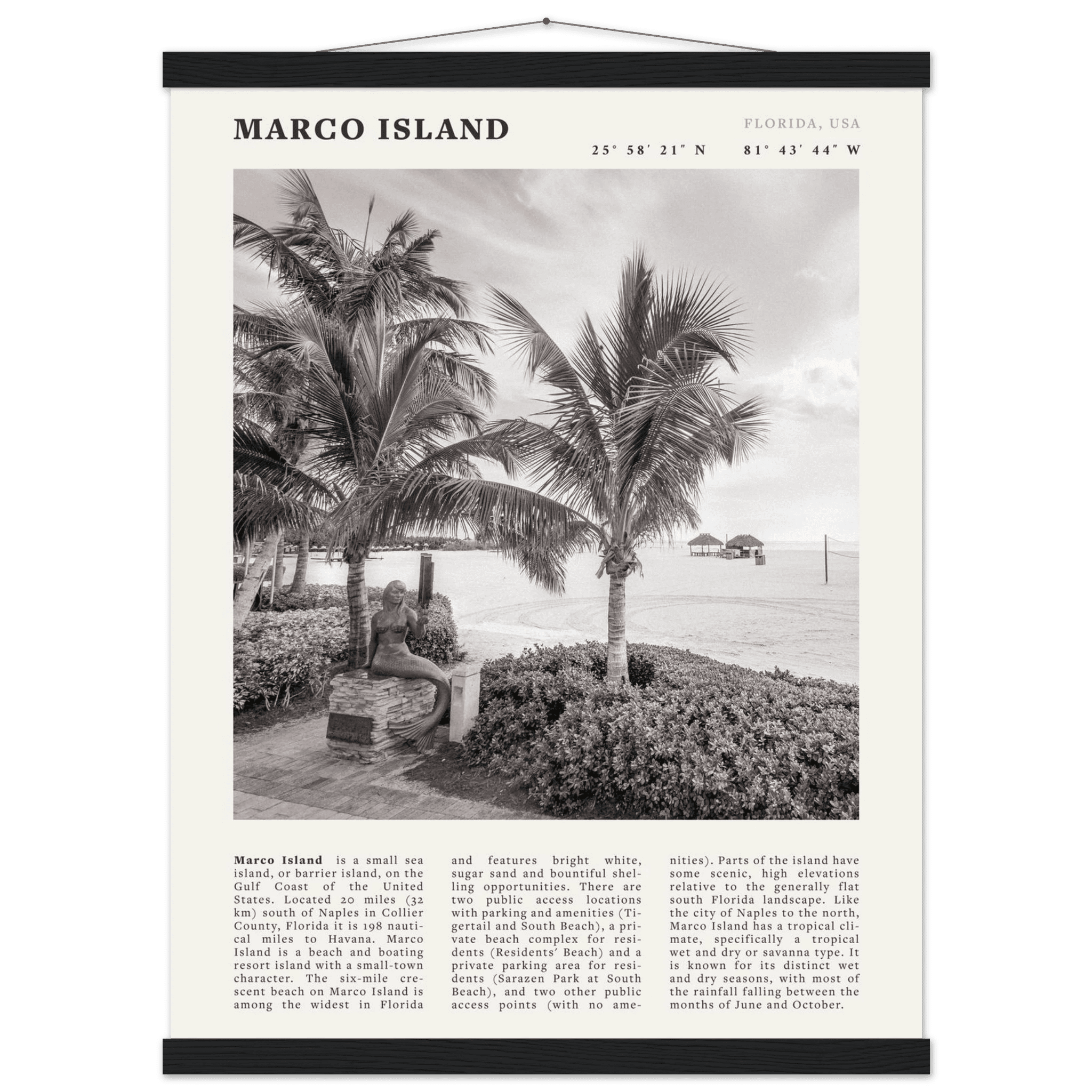 Marco Island Poster | Black & White Florida Beach Wall Art | Coastal Travel Print - Evergreen Posters