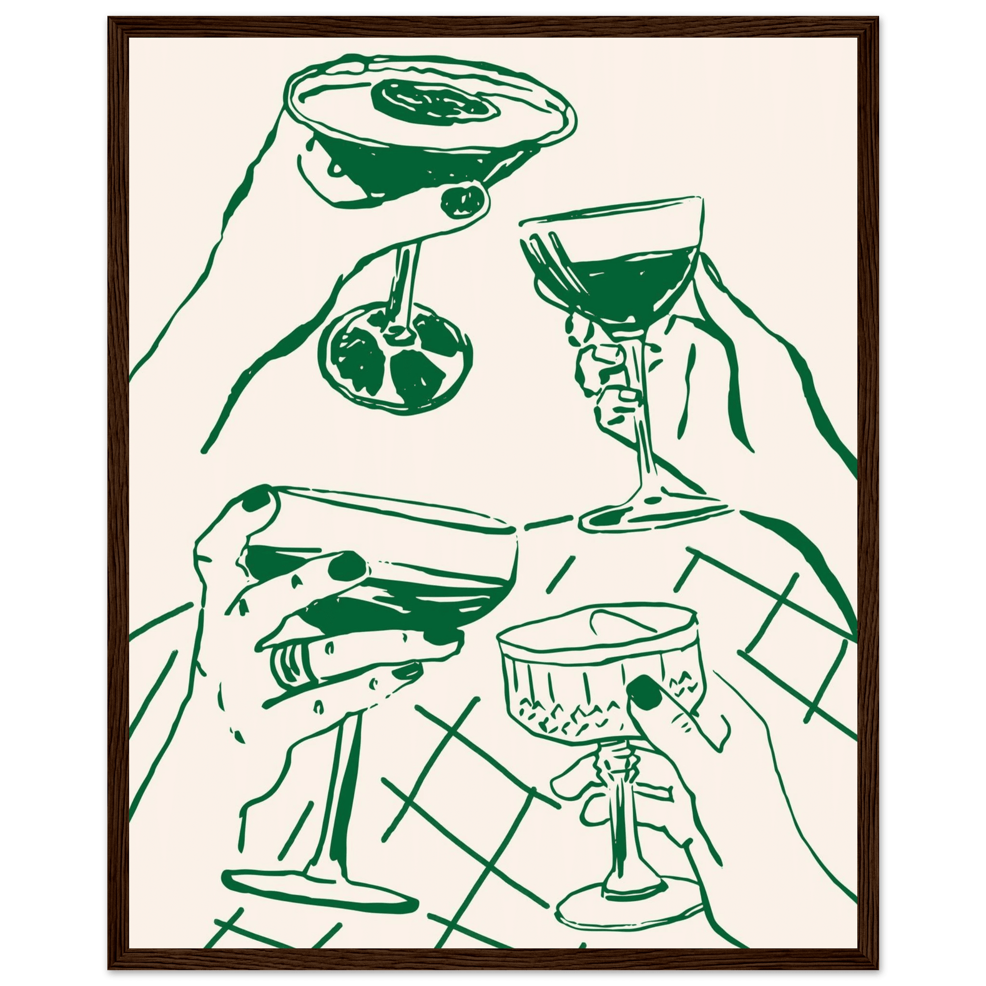 Cheers Print | Forest Green Cocktail Glasses Wall Art | Kitchen Bar Poster - Evergreen Posters