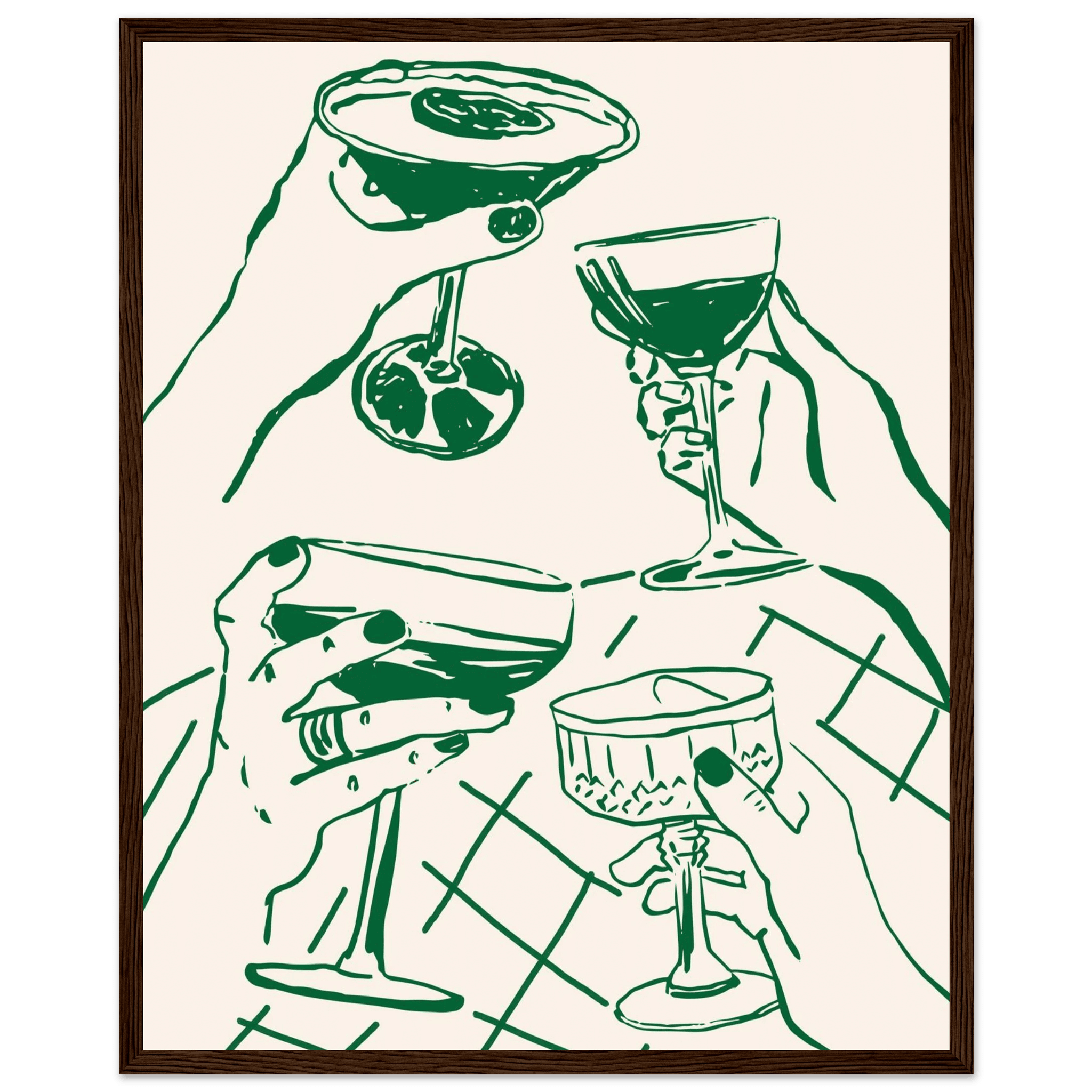 Cheers Print | Forest Green Cocktail Glasses Wall Art | Kitchen Bar Poster - Evergreen Posters