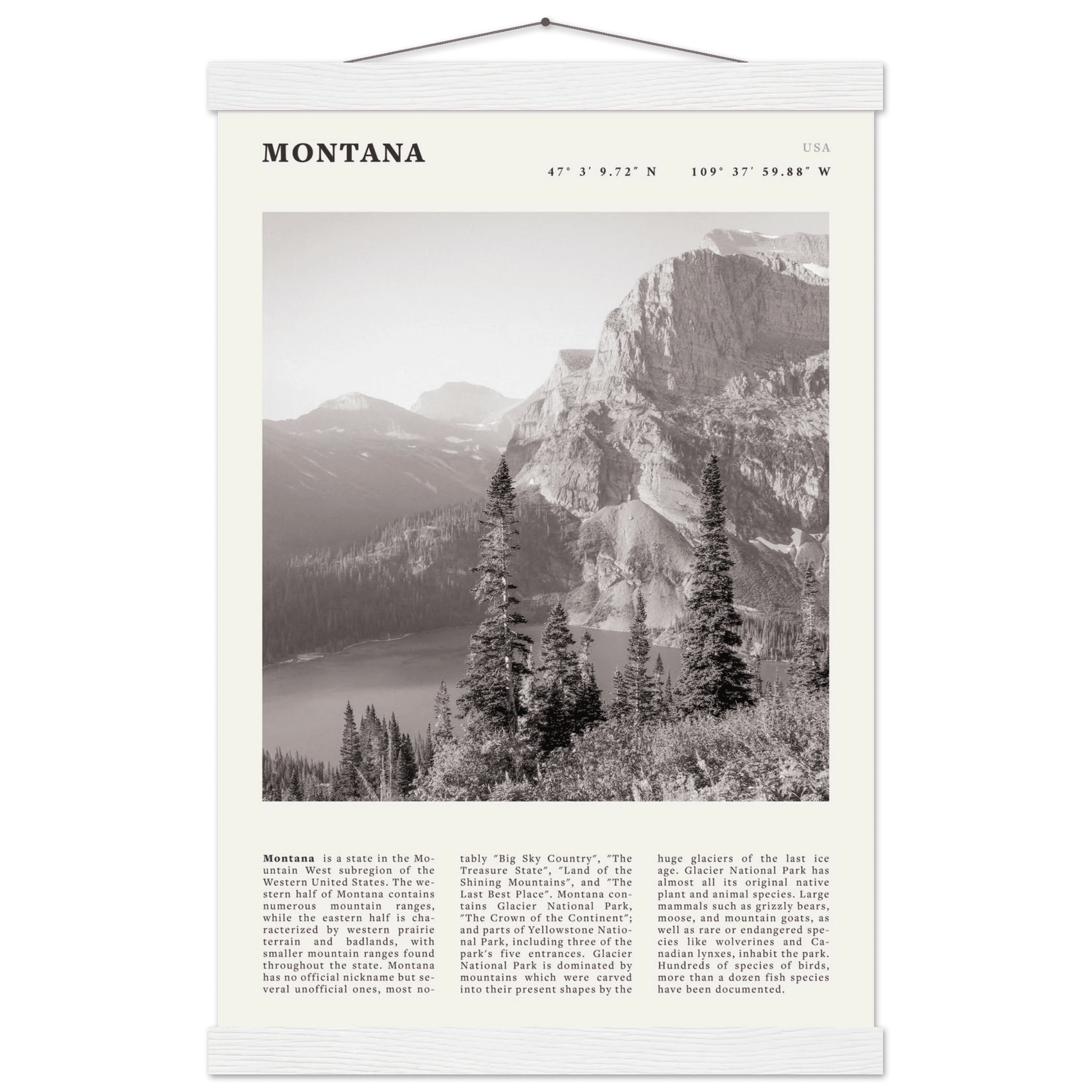 Montana Poster | Black & White Glacier National Park Wall Art | Nature Travel Print - Evergreen Posters