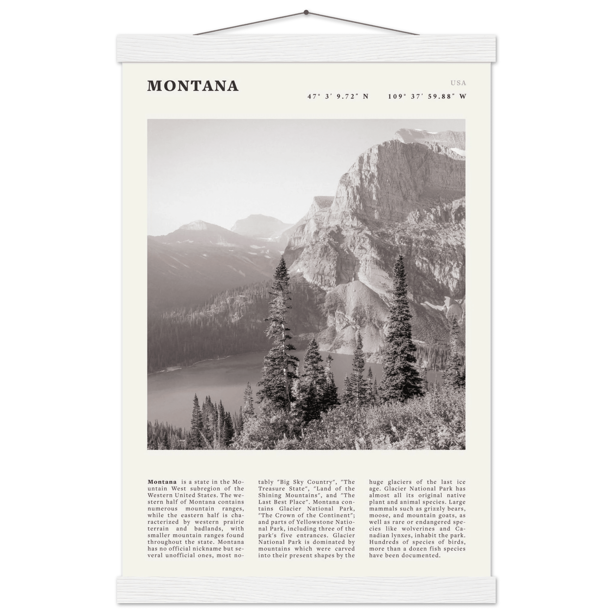 Montana Poster | Black & White Glacier National Park Wall Art | Nature Travel Print - Evergreen Posters