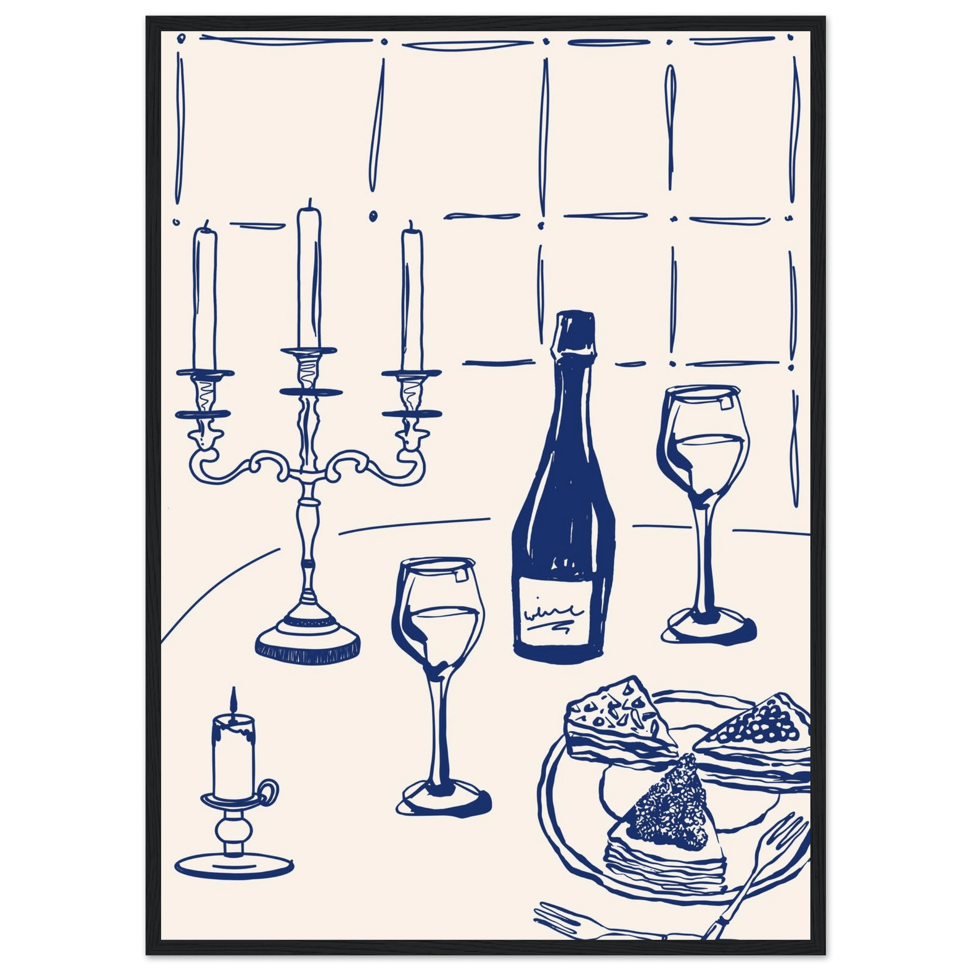 Candlelight Dinner Print | Navy Blue Wine & Candelabra Line Art | Kitchen Poster - Evergreen Posters