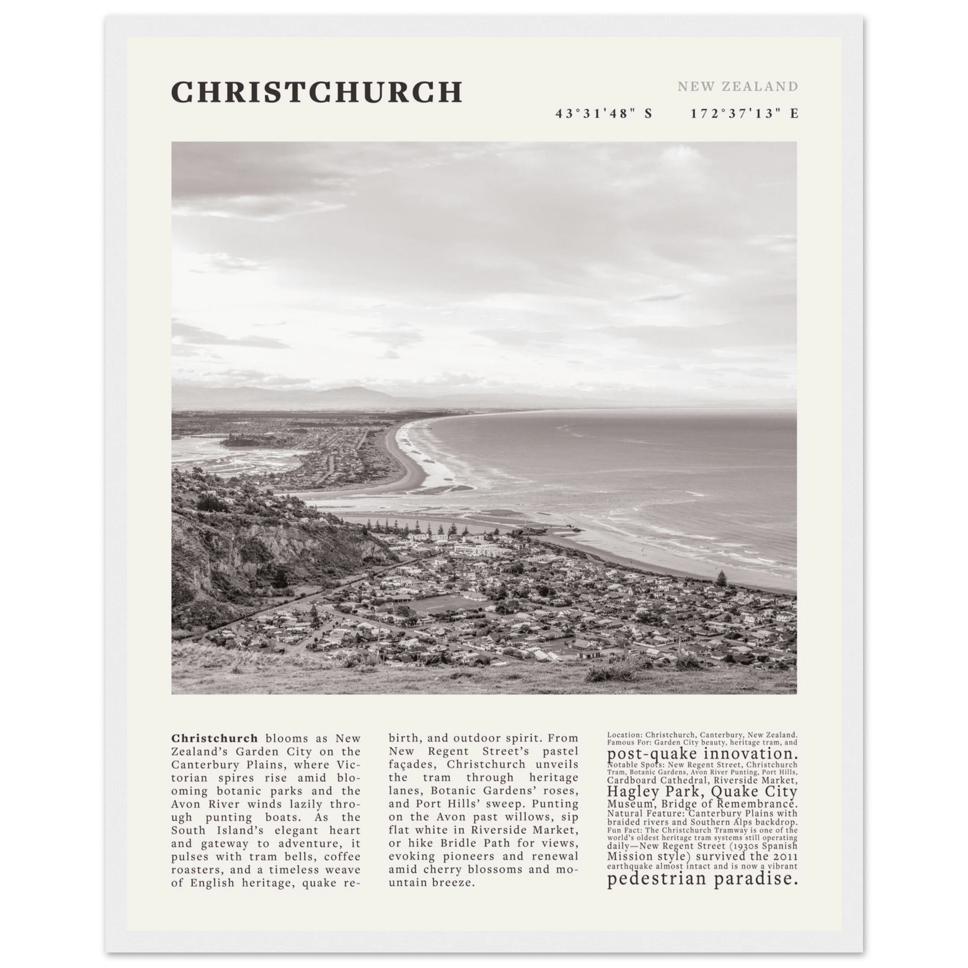 Christchurch New Zealand Poster Black and White – Vintage Garden City Panorama Print - Evergreen Posters