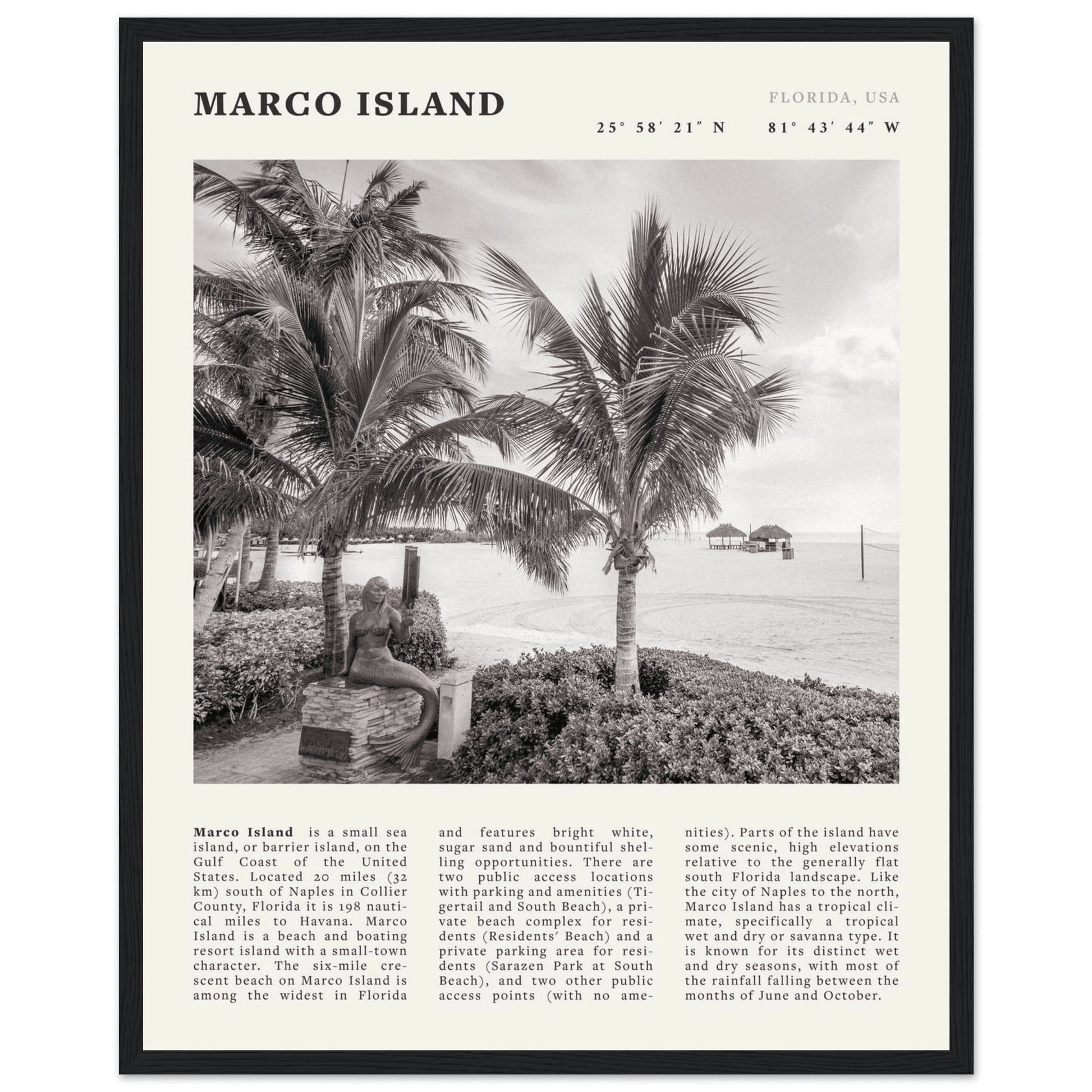 Marco Island Poster | Black & White Florida Beach Wall Art | Coastal Travel Print - Evergreen Posters