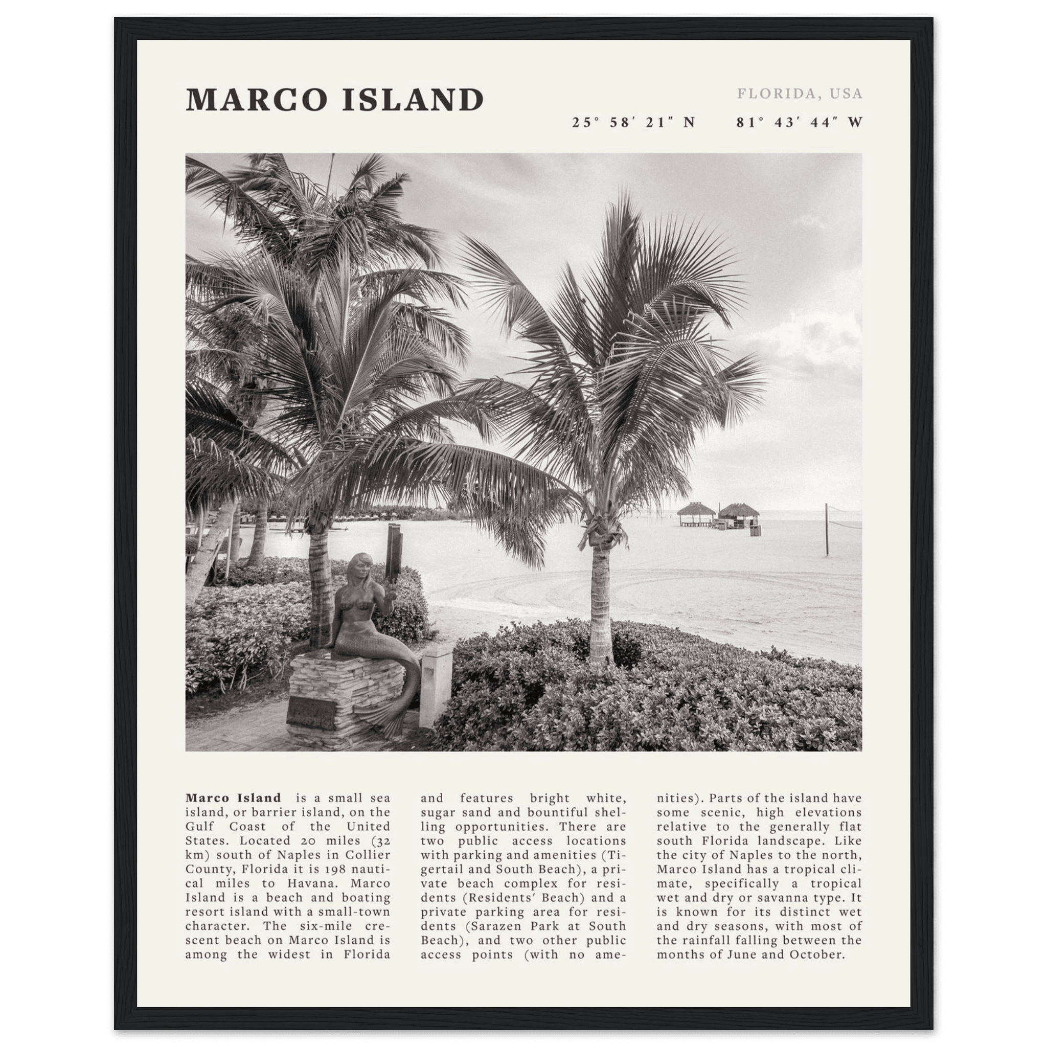 Marco Island Poster | Black & White Florida Beach Wall Art | Coastal Travel Print - Evergreen Posters