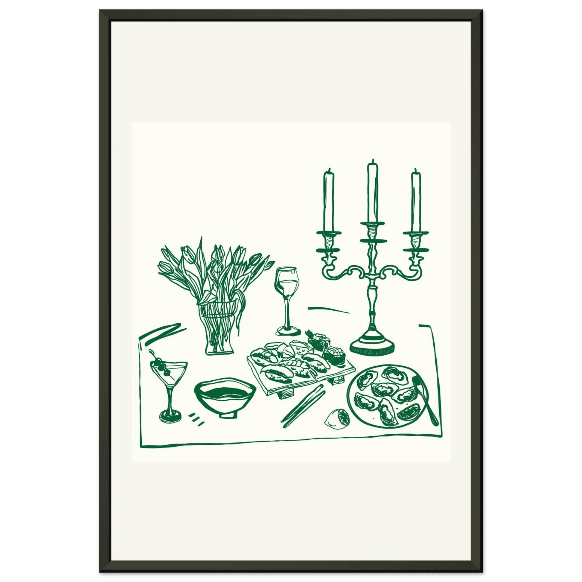 Fine Dining Table Print | Green Line Art Kitchen Wall Art | Elegant Dining Room Poster - Evergreen Posters