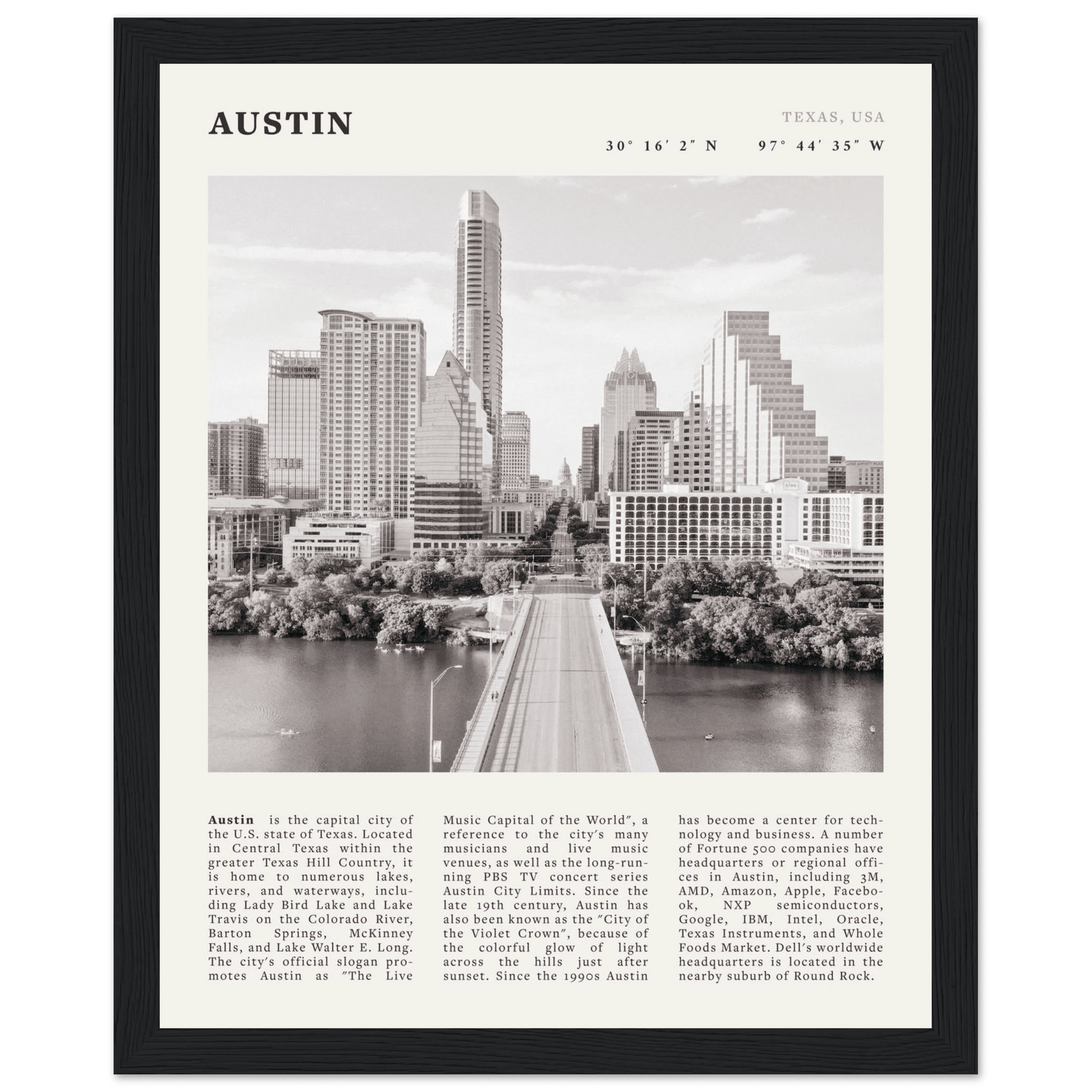 Austin Poster | Black & White Texas Skyline Wall Art | City Travel Print Decor - Evergreen Posters