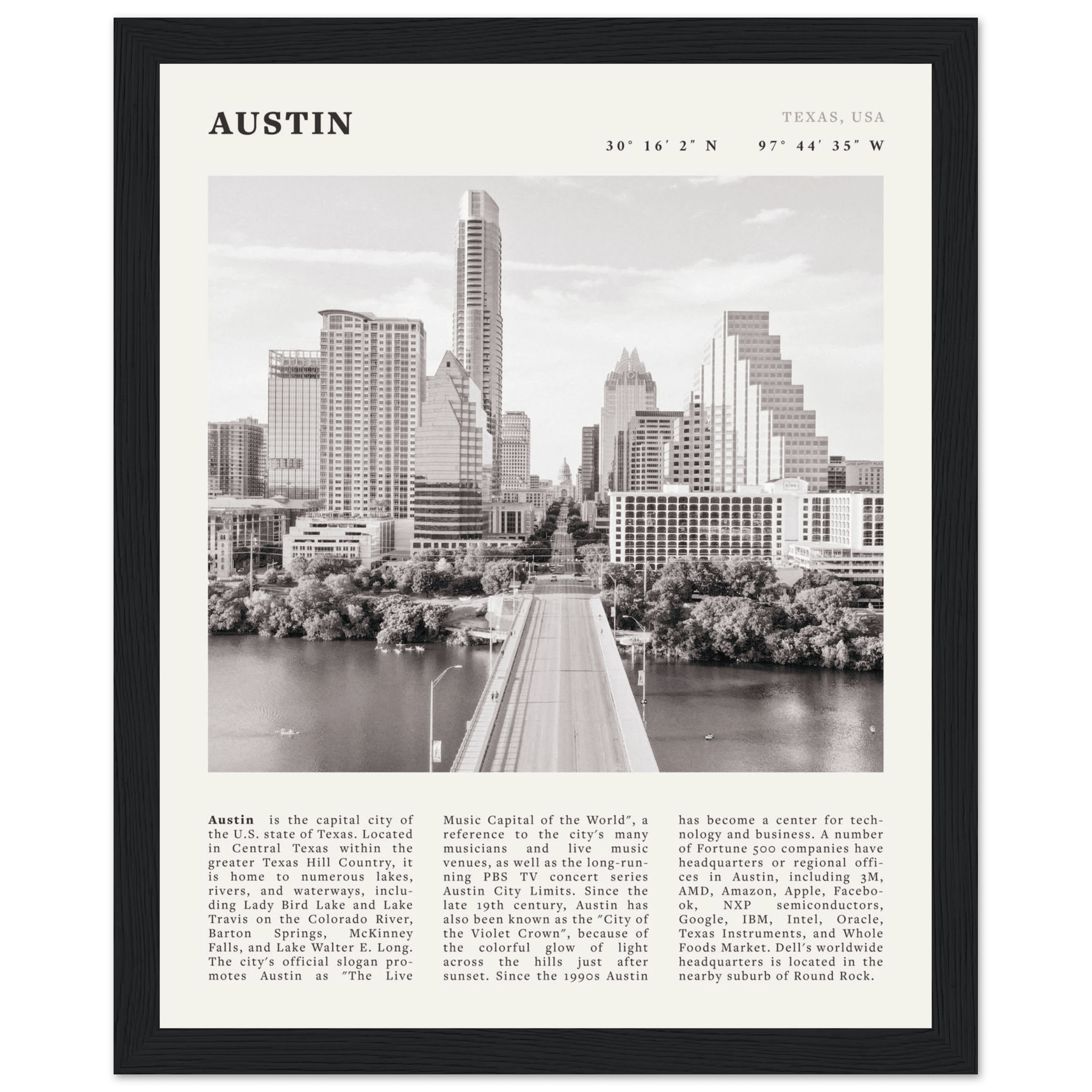 Austin Poster | Black & White Texas Skyline Wall Art | City Travel Print Decor - Evergreen Posters