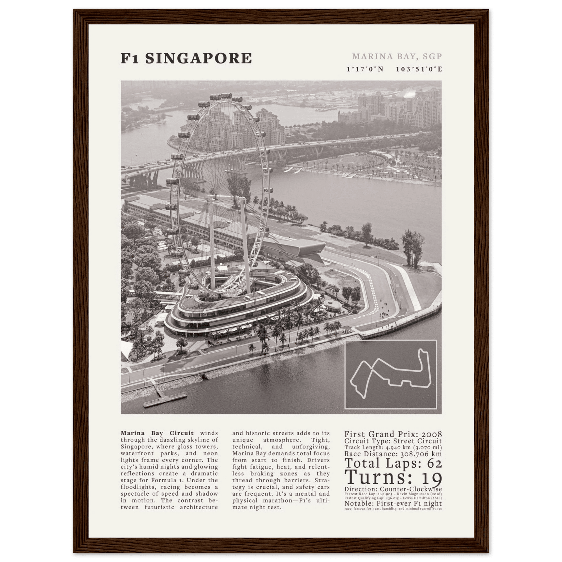 F1 Singapore Poster Black and White – Vintage Marina Bay Night Race Print (Digital & Printed Options) - Evergreen Posters