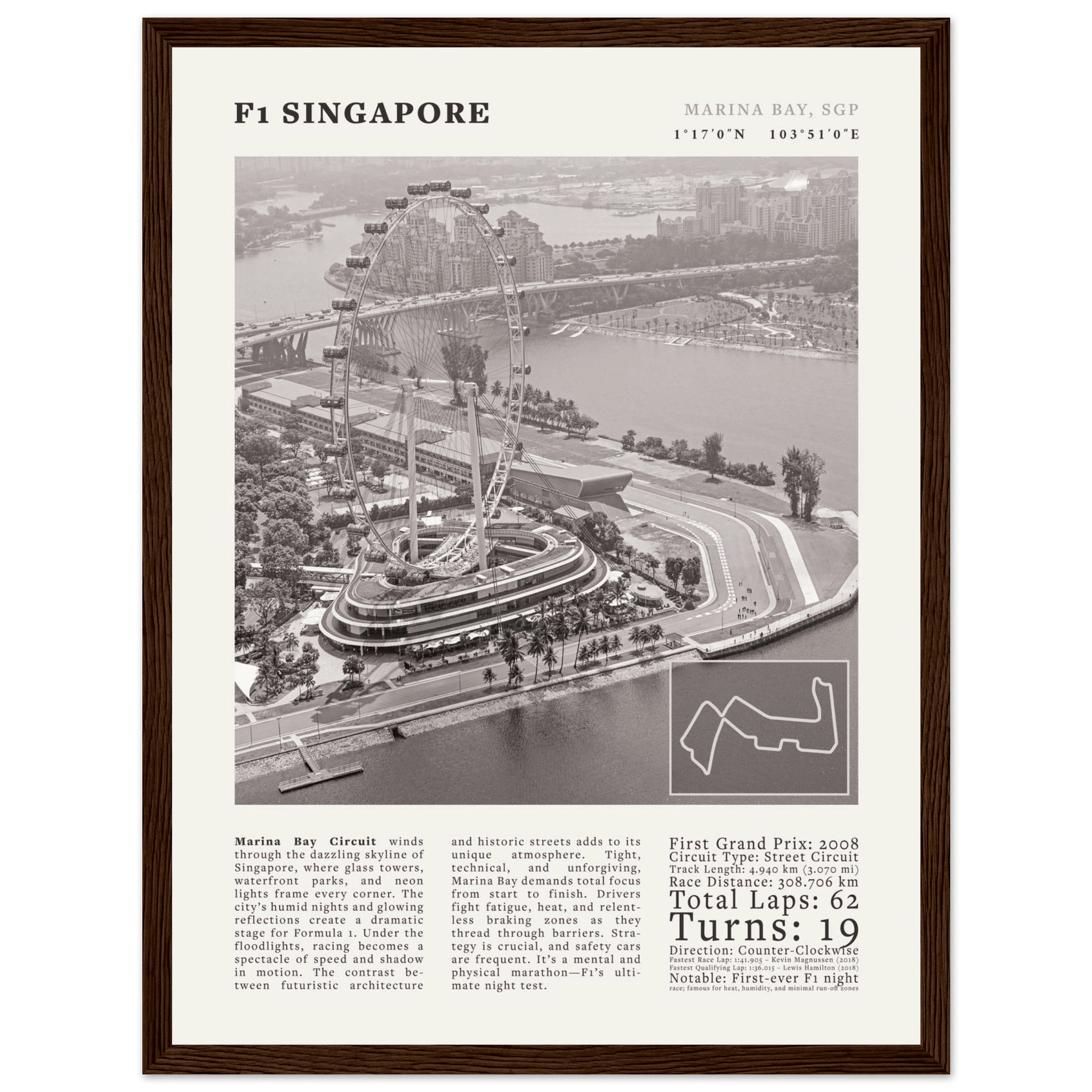 F1 Singapore Poster Black and White – Vintage Marina Bay Night Race Print (Digital & Printed Options) - Evergreen Posters