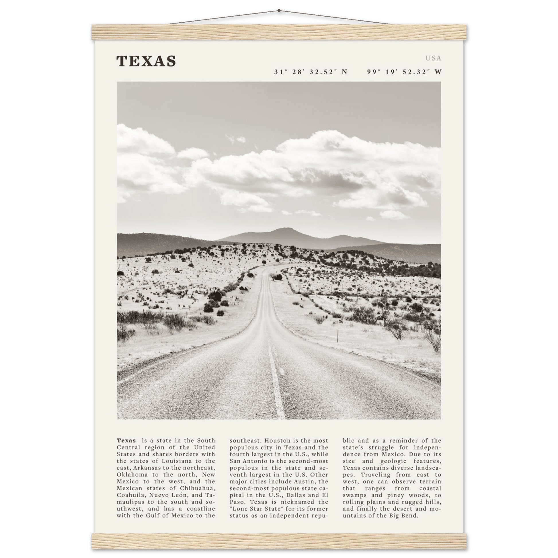 Texas Poster | Black & White Lone Star Road Wall Art | USA Travel Print Decor - Evergreen Posters