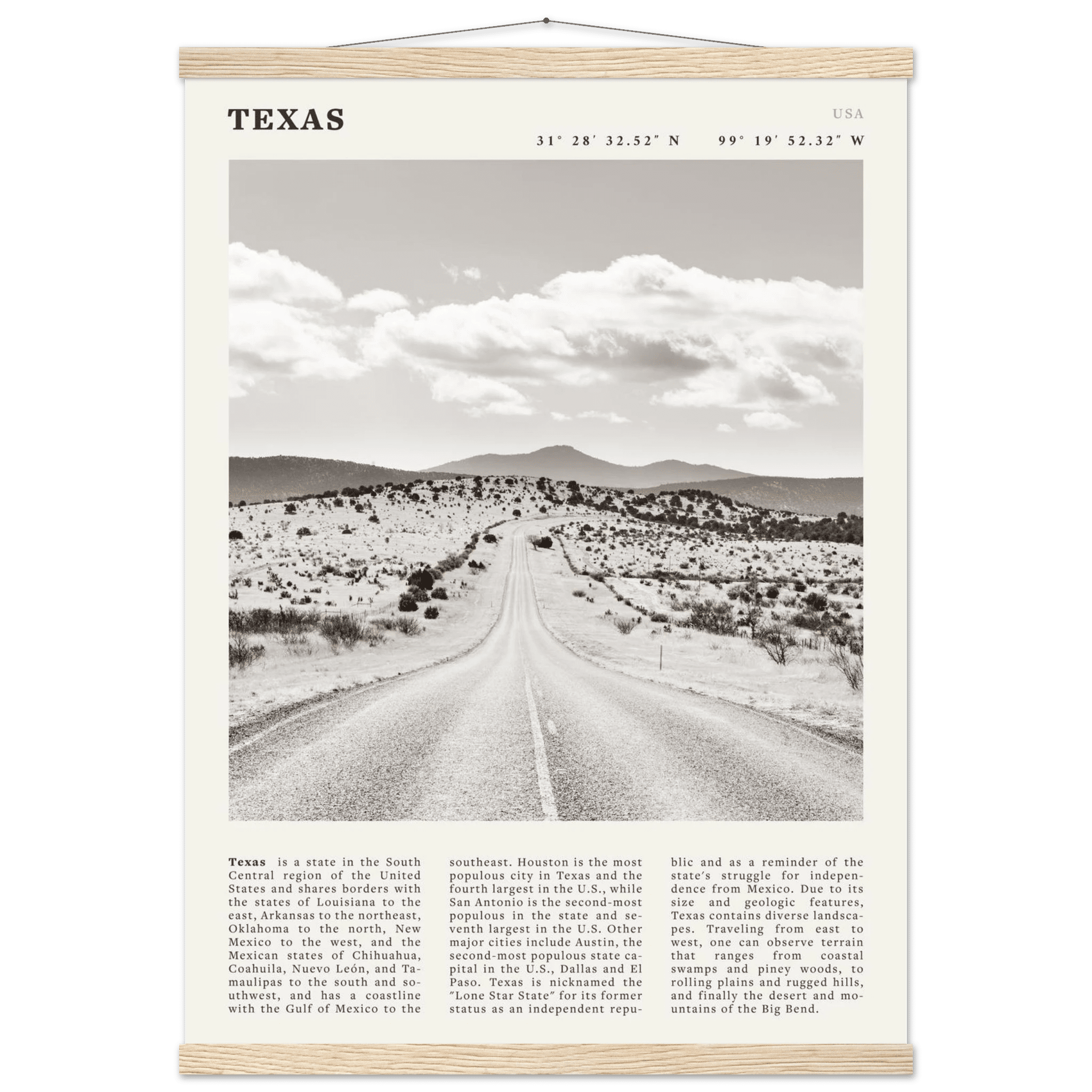 Texas Poster | Black & White Lone Star Road Wall Art | USA Travel Print Decor - Evergreen Posters