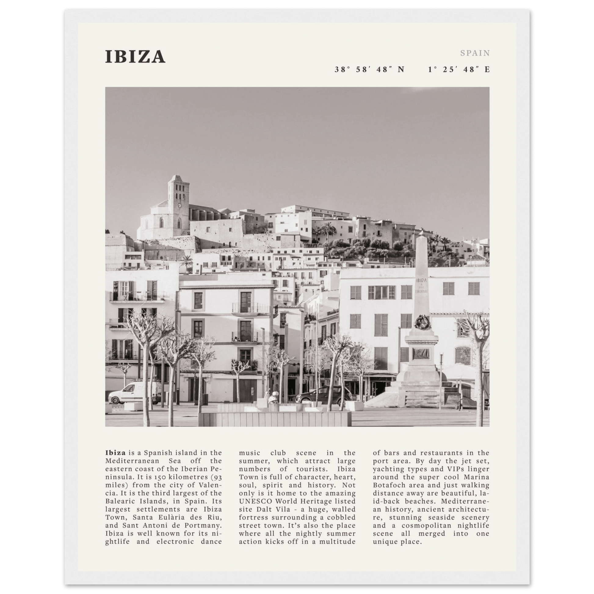 Ibiza Poster | Black & White Spanish Island Wall Art | Spain Travel Print - Evergreen Posters