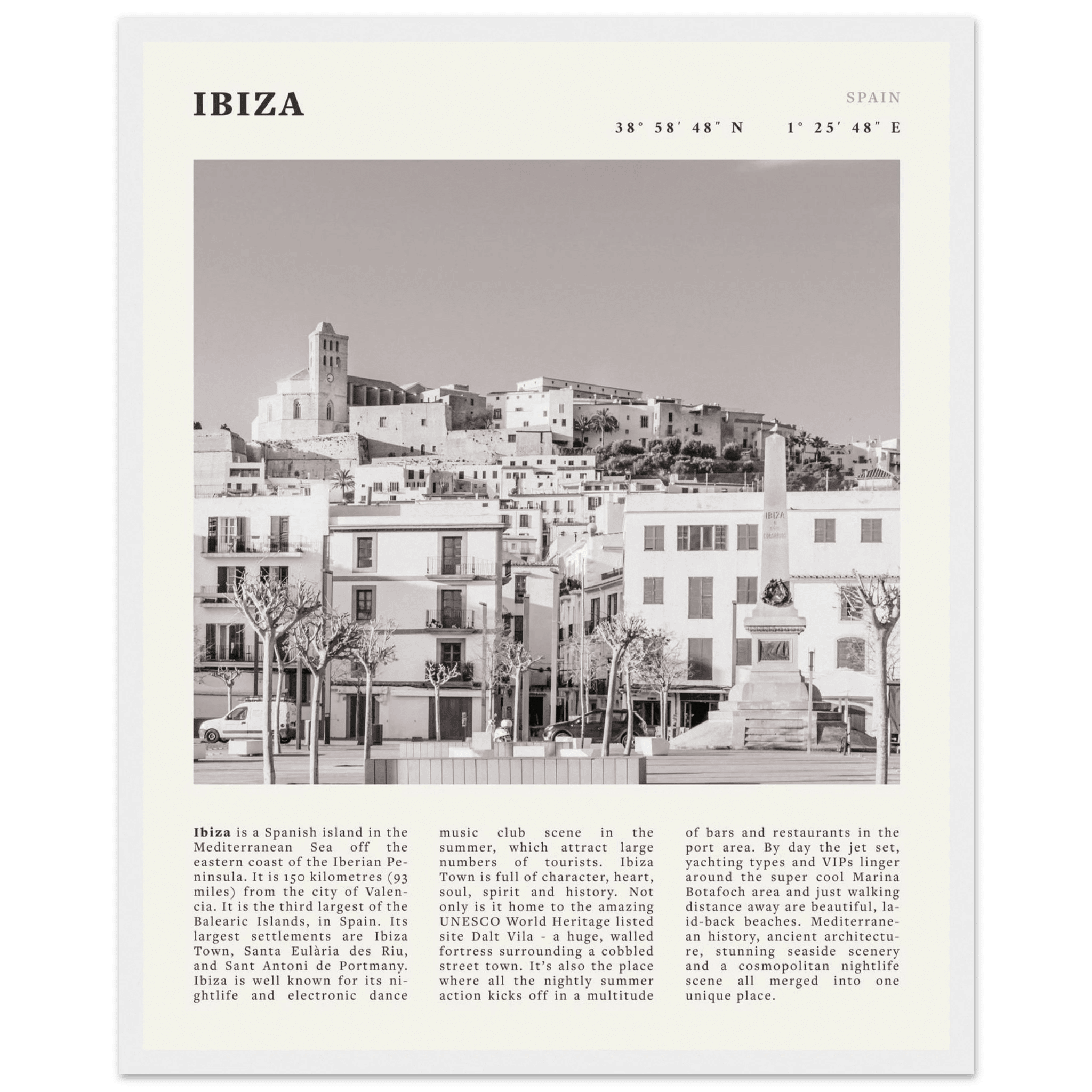 Ibiza Poster | Black & White Spanish Island Wall Art | Spain Travel Print - Evergreen Posters