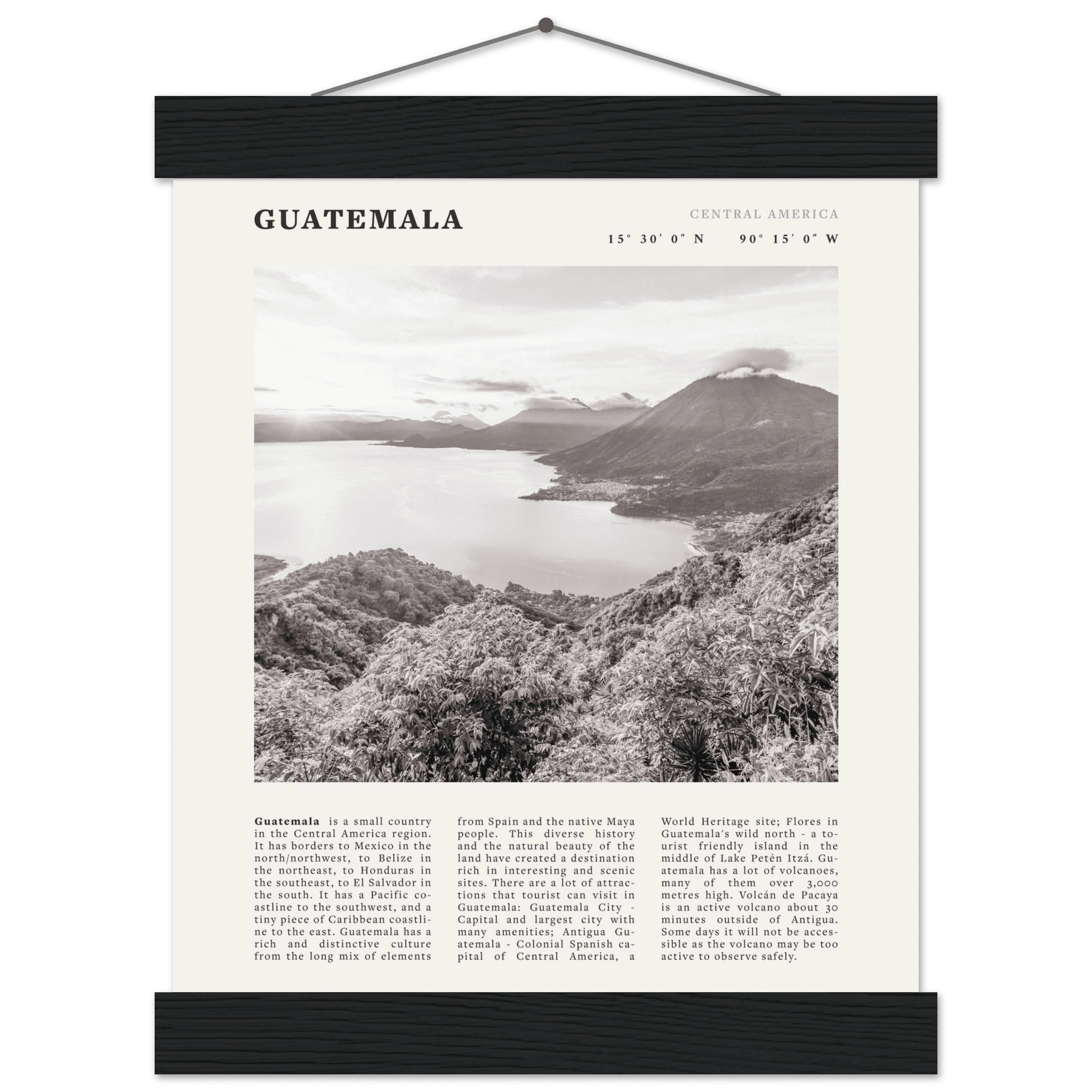 Guatemala Poster | Black & White Lake Atitlan Wall Art | Central America Travel Print - Evergreen Posters