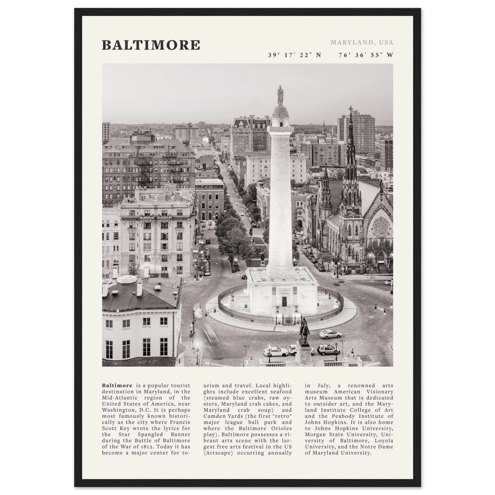 Baltimore Poster | Black & White Maryland City Wall Art | USA Travel Print - Evergreen Posters