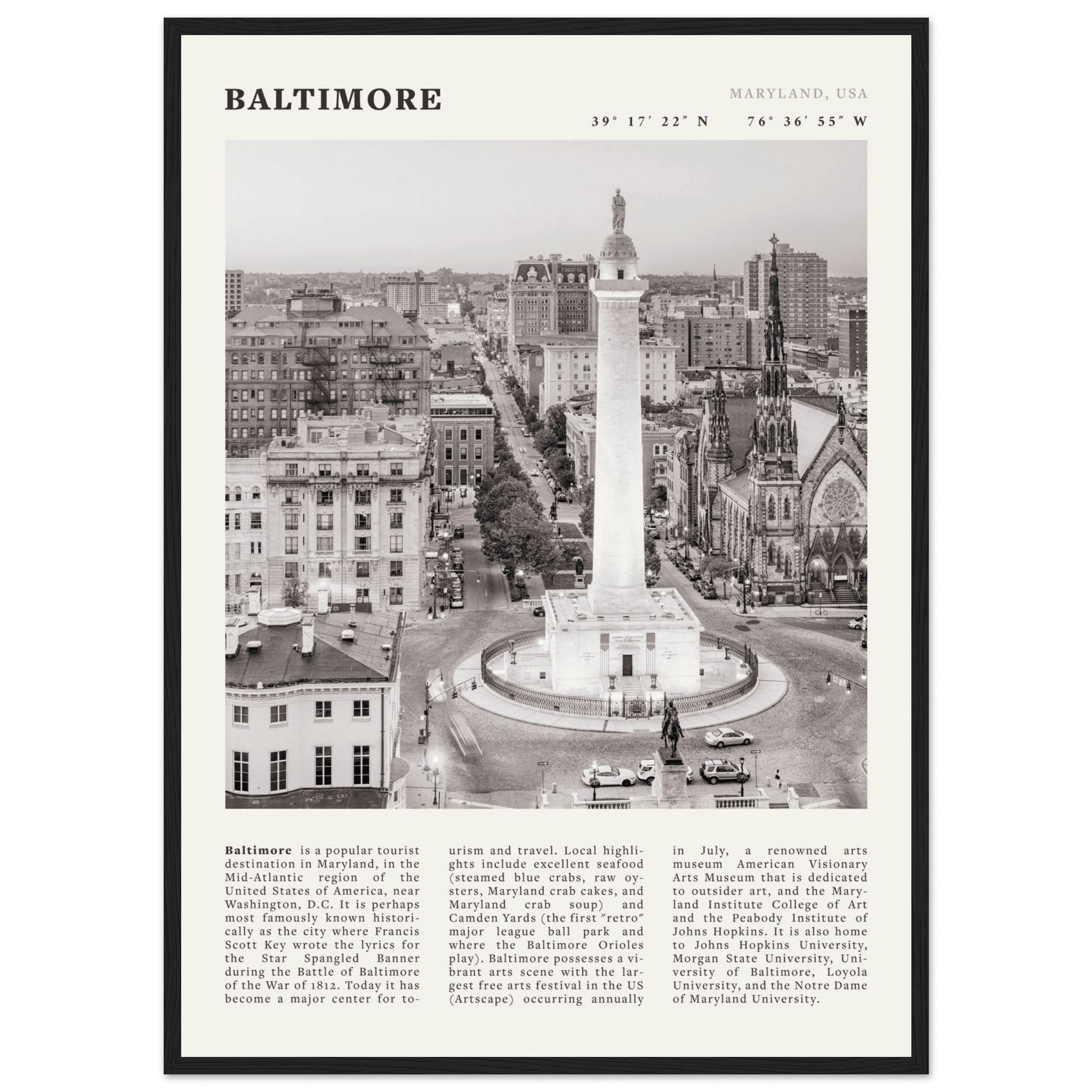 Baltimore Poster | Black & White Maryland City Wall Art | USA Travel Print - Evergreen Posters