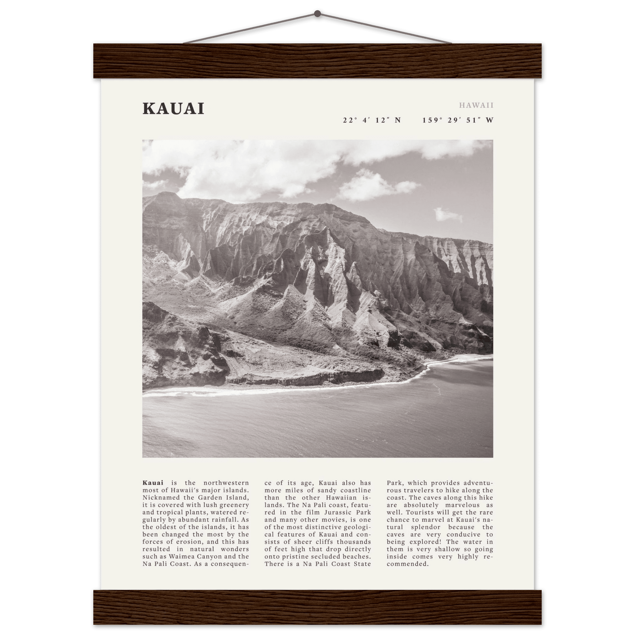 Kauai Poster | Black & White Na Pali Coast Wall Art | Hawaii Travel Print Decor - Evergreen Posters