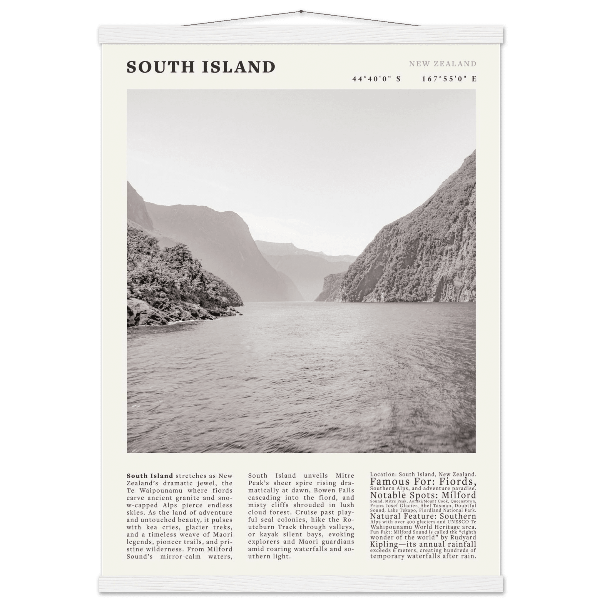 South Island New Zealand Poster Black and White – Vintage Milford Sound Fjord Print - Evergreen Posters