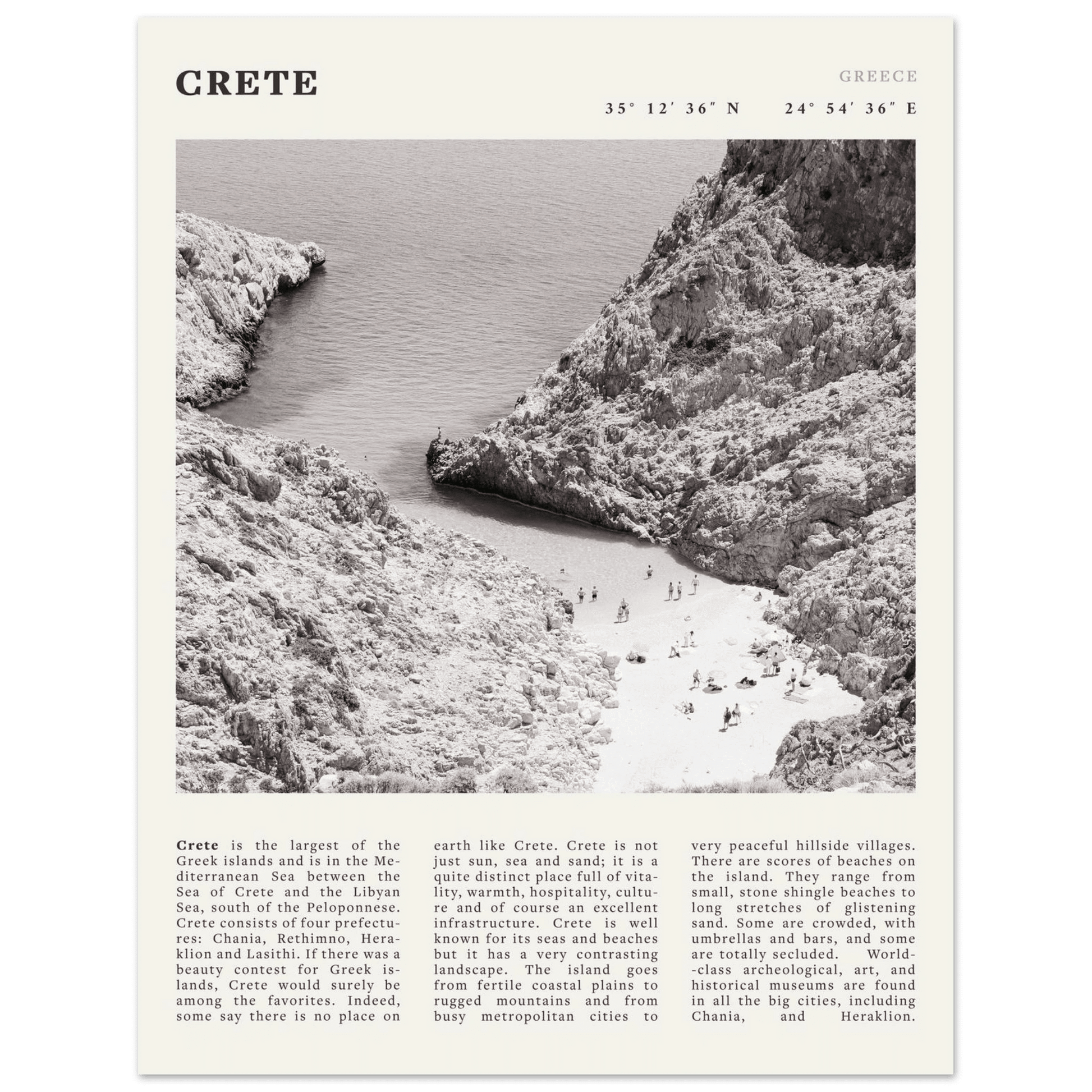 Crete Poster | Black & White Greece Beach Wall Art | Mediterranean Travel Print - Evergreen Posters