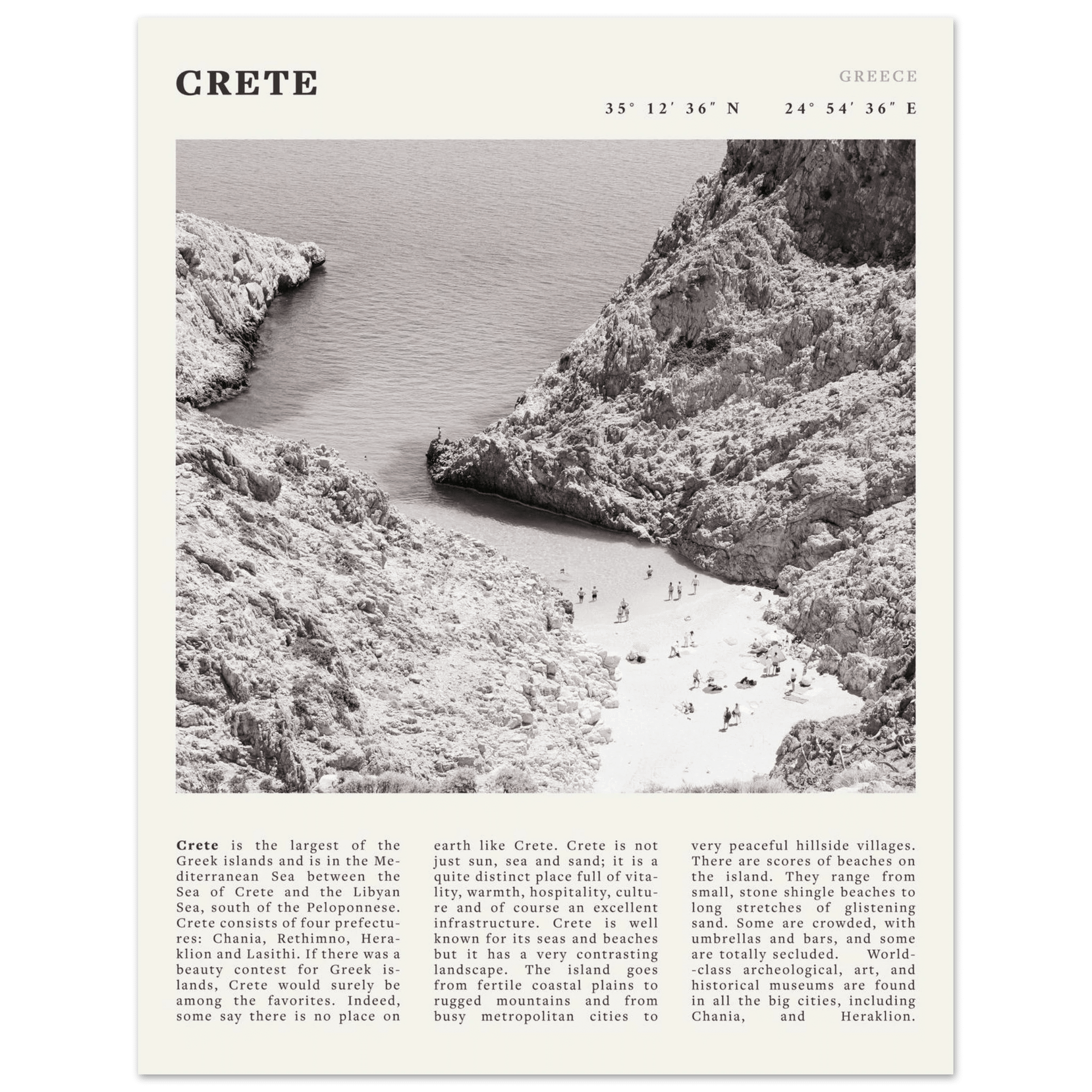 Crete Poster | Black & White Greece Beach Wall Art | Mediterranean Travel Print - Evergreen Posters