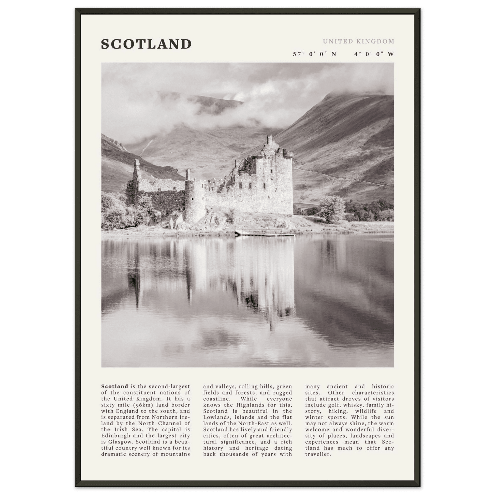 Scotland Poster | Black & White Highland Castle Wall Art | UK Travel Print Decor - Evergreen Posters