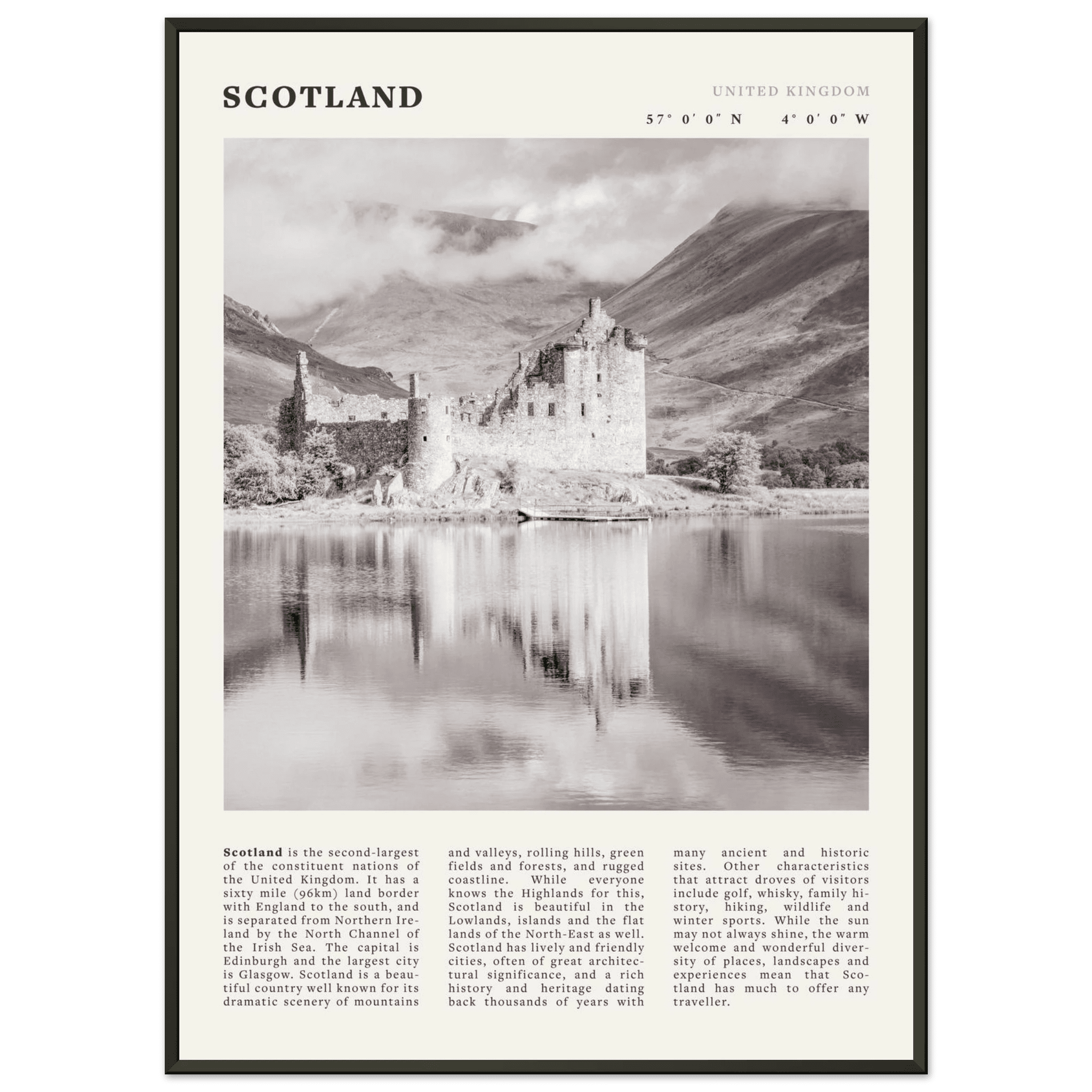 Scotland Poster | Black & White Highland Castle Wall Art | UK Travel Print Decor - Evergreen Posters