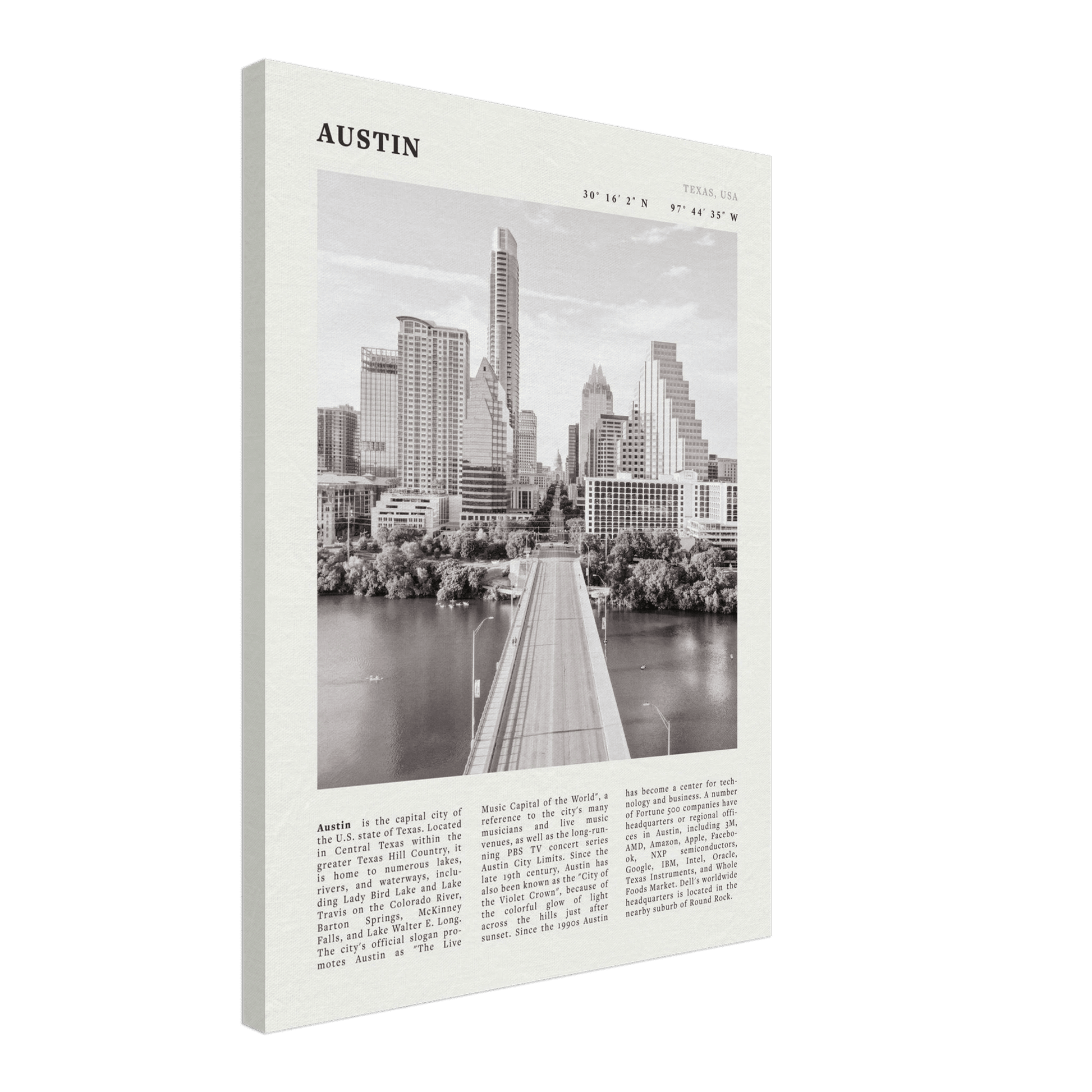 Austin Poster | Black & White Texas Skyline Wall Art | City Travel Print Decor - Evergreen Posters