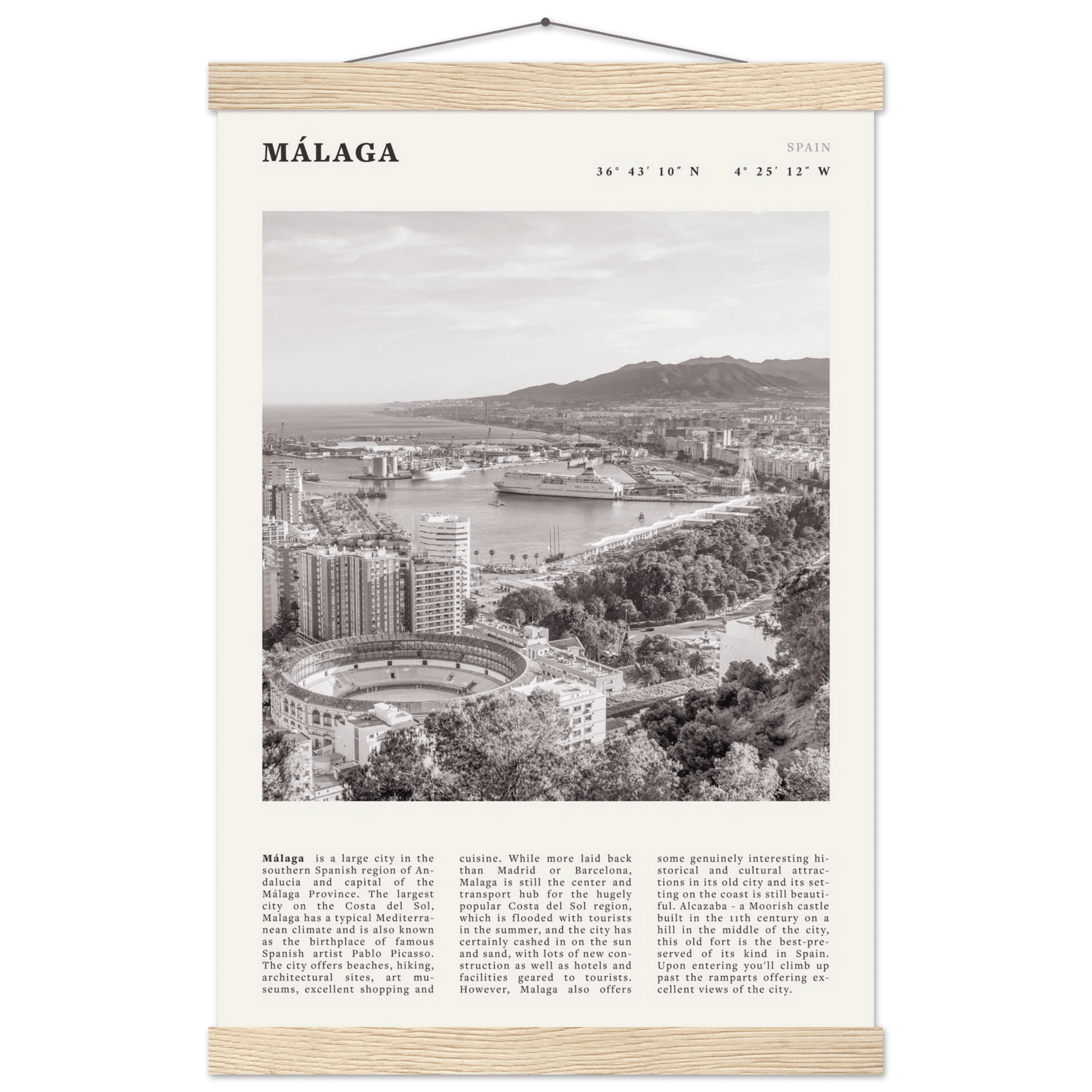 Málaga Poster | Black & White Costa del Sol Wall Art | Spain Travel Print - Evergreen Posters