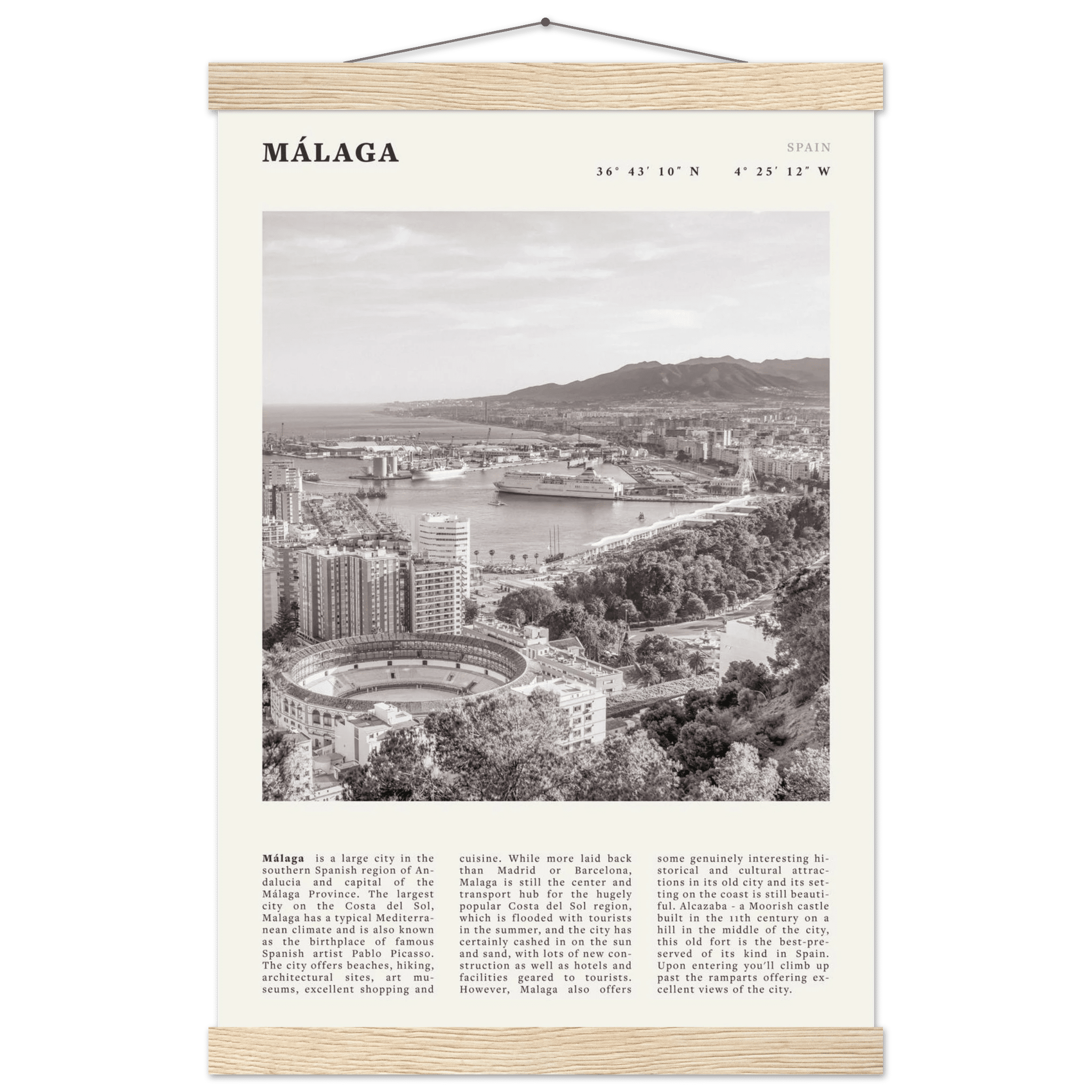 Málaga Poster | Black & White Costa del Sol Wall Art | Spain Travel Print - Evergreen Posters