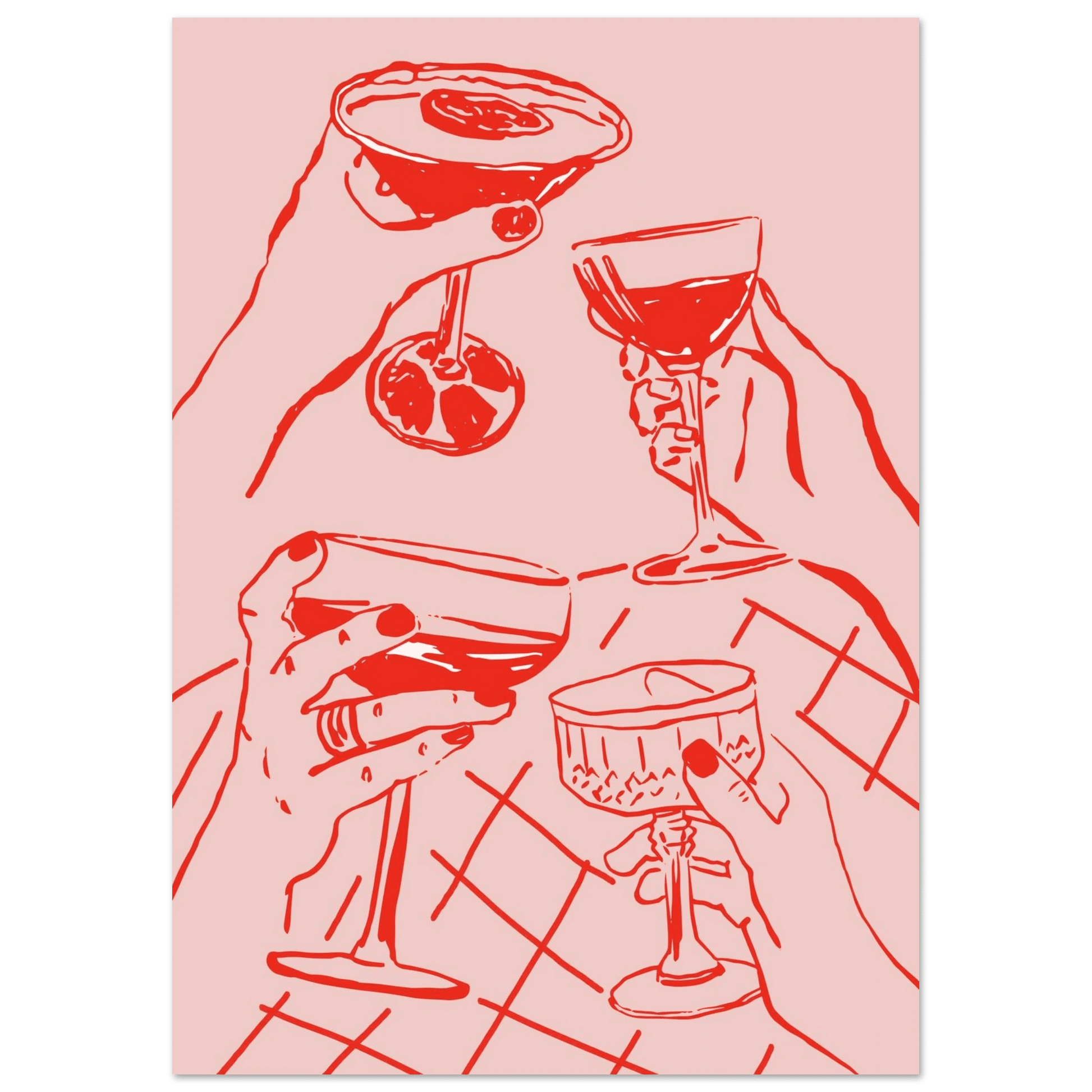 Cheers Print | Red & Pink Cocktail Glasses Wall Art | Kitchen Bar Poster - Evergreen Posters