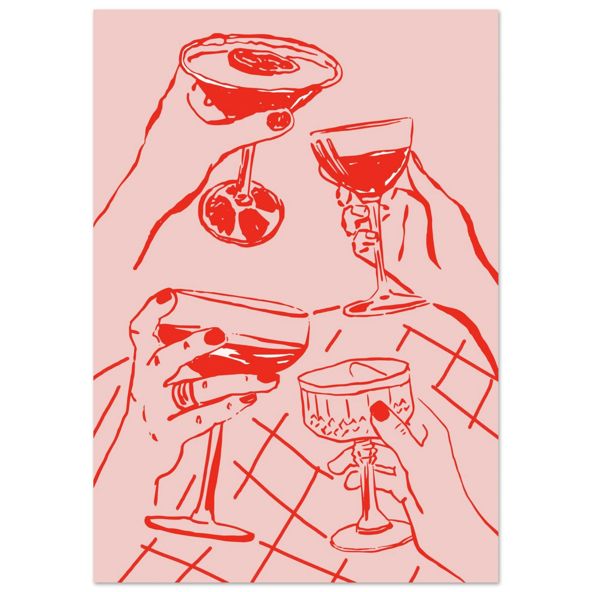 Cheers Print | Red & Pink Cocktail Glasses Wall Art | Kitchen Bar Poster - Evergreen Posters