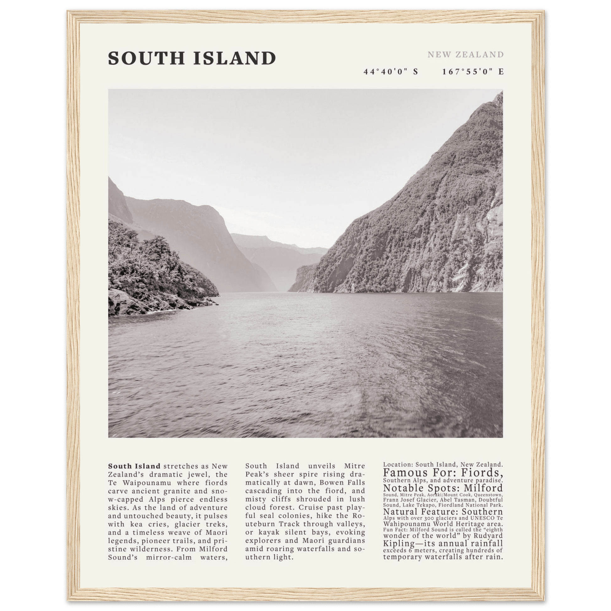 South Island New Zealand Poster Black and White – Vintage Milford Sound Fjord Print - Evergreen Posters