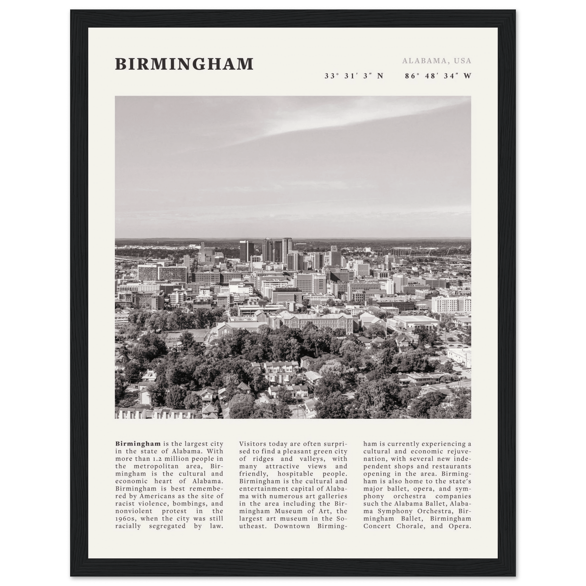 Birmingham Poster | Black & White Alabama Skyline Wall Art | AL Travel Print - Evergreen Posters