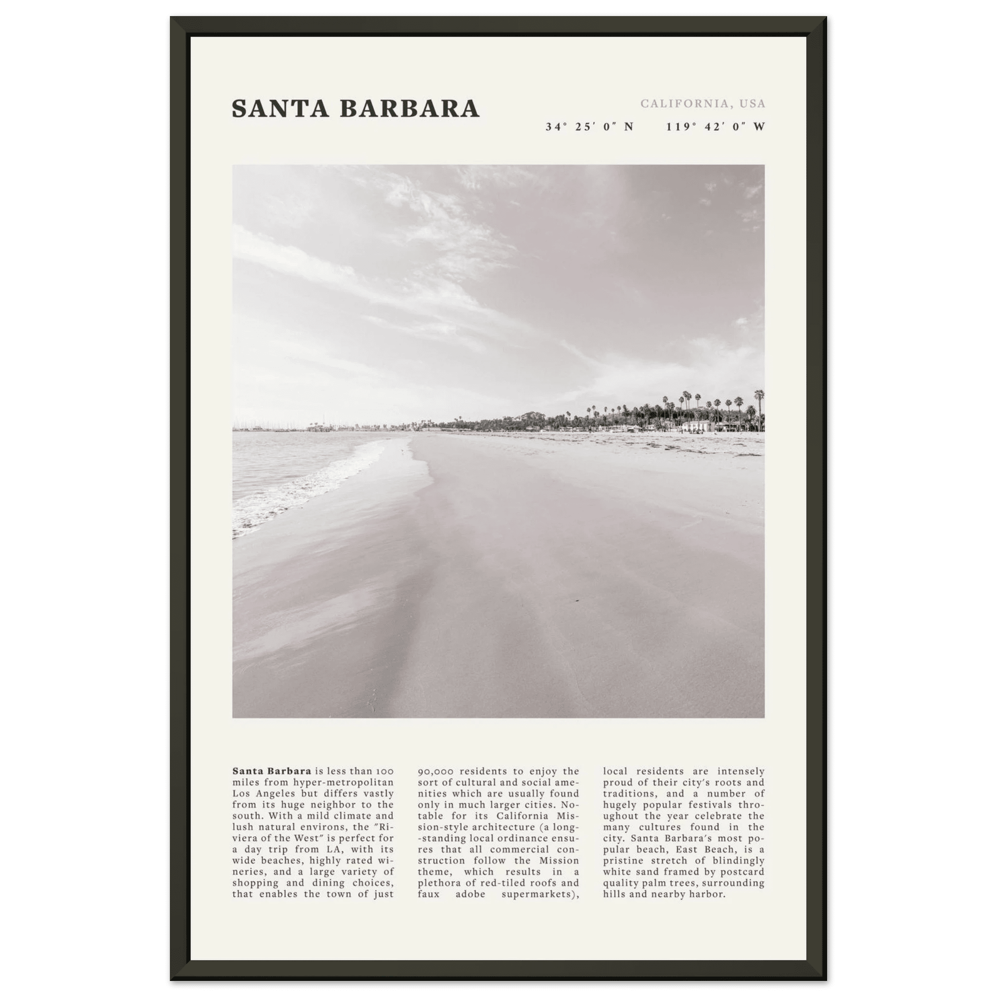 Santa Barbara Poster | Black & White California Beach Wall Art | CA Travel Print - Evergreen Posters