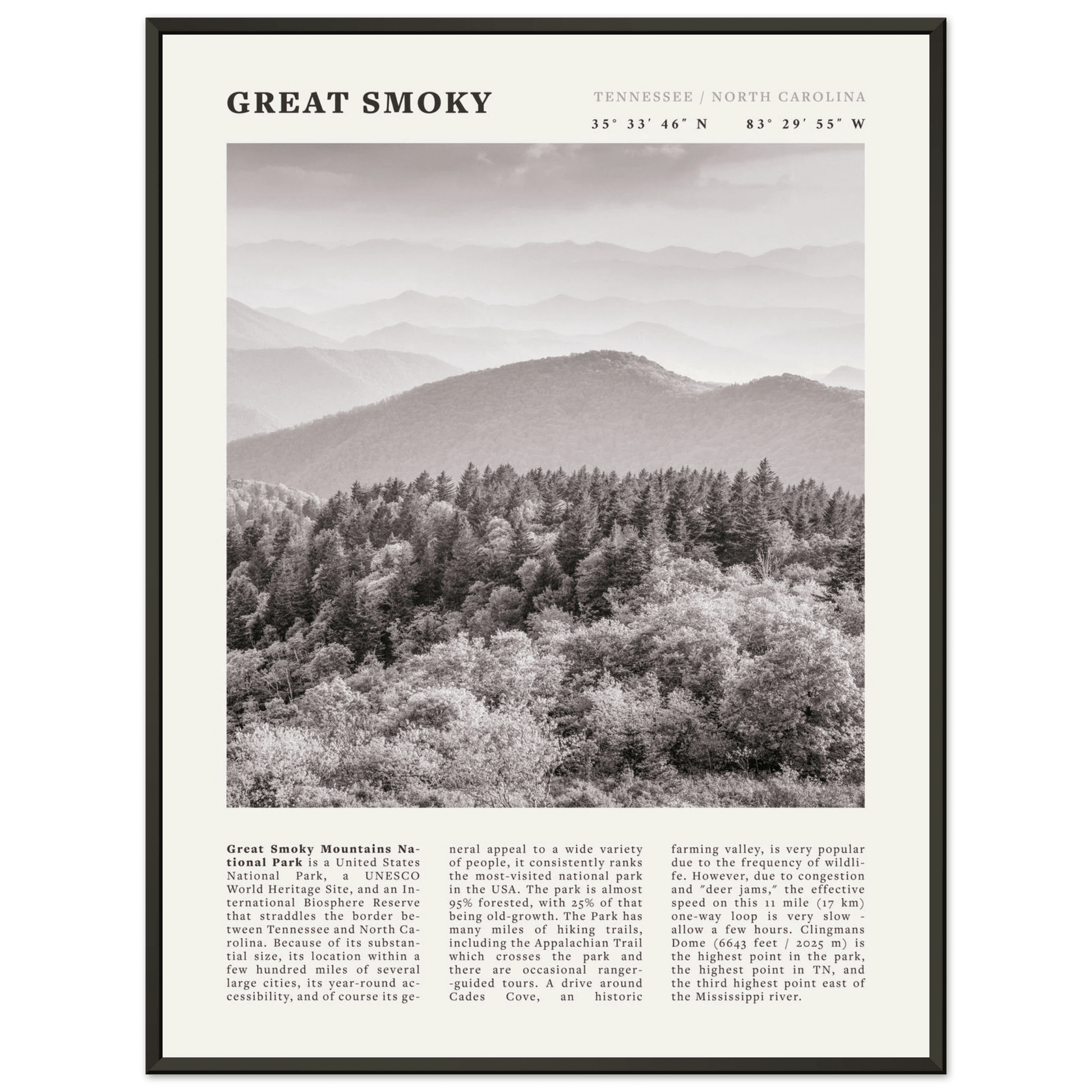Great Smoky Mountains Poster | Black & White National Park Wall Art | Tennessee Print - Evergreen Posters