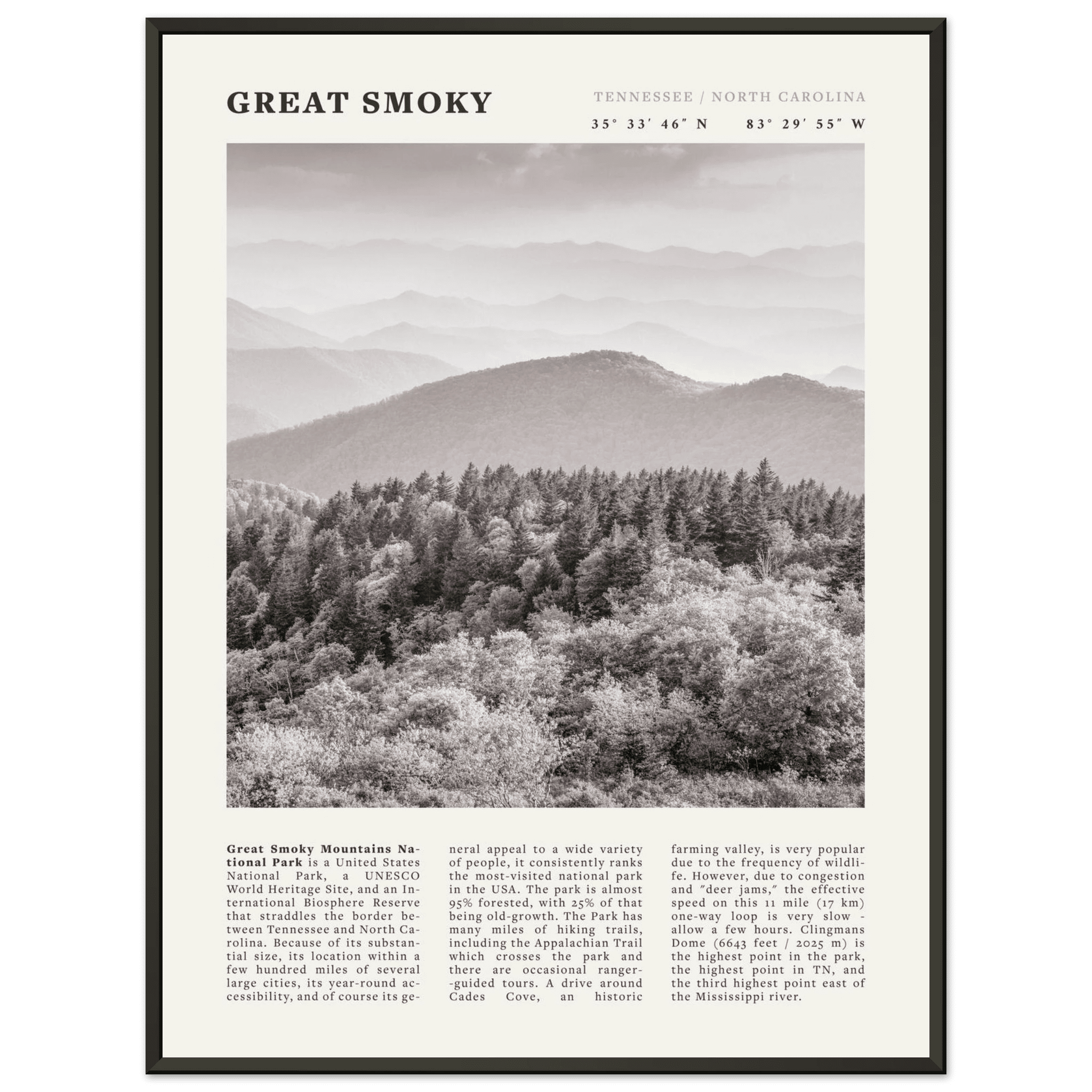 Great Smoky Mountains Poster | Black & White National Park Wall Art | Tennessee Print - Evergreen Posters