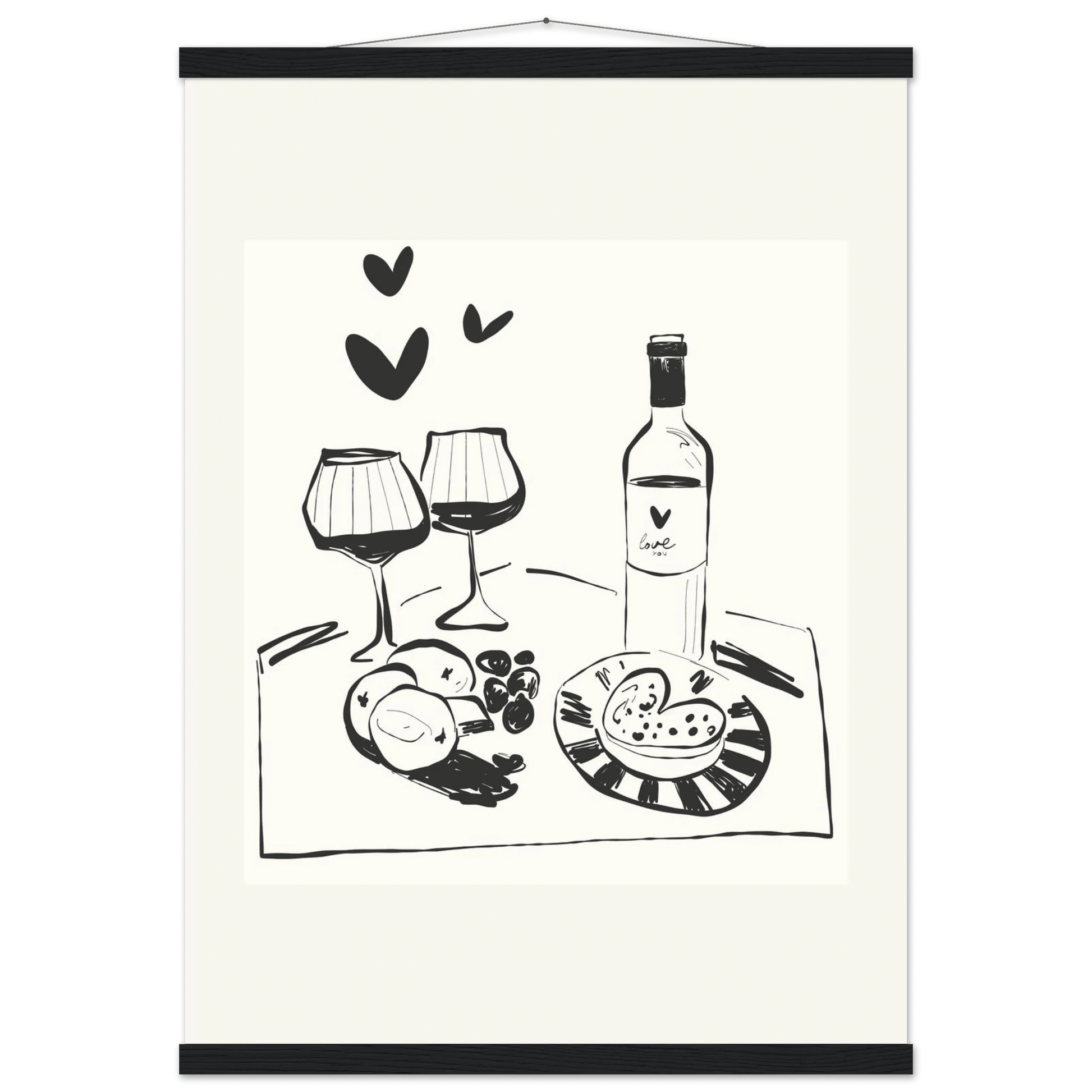 Wine for Two Print | Black Line Art Romantic Kitchen Wall Art | Couples Poster - Evergreen Posters